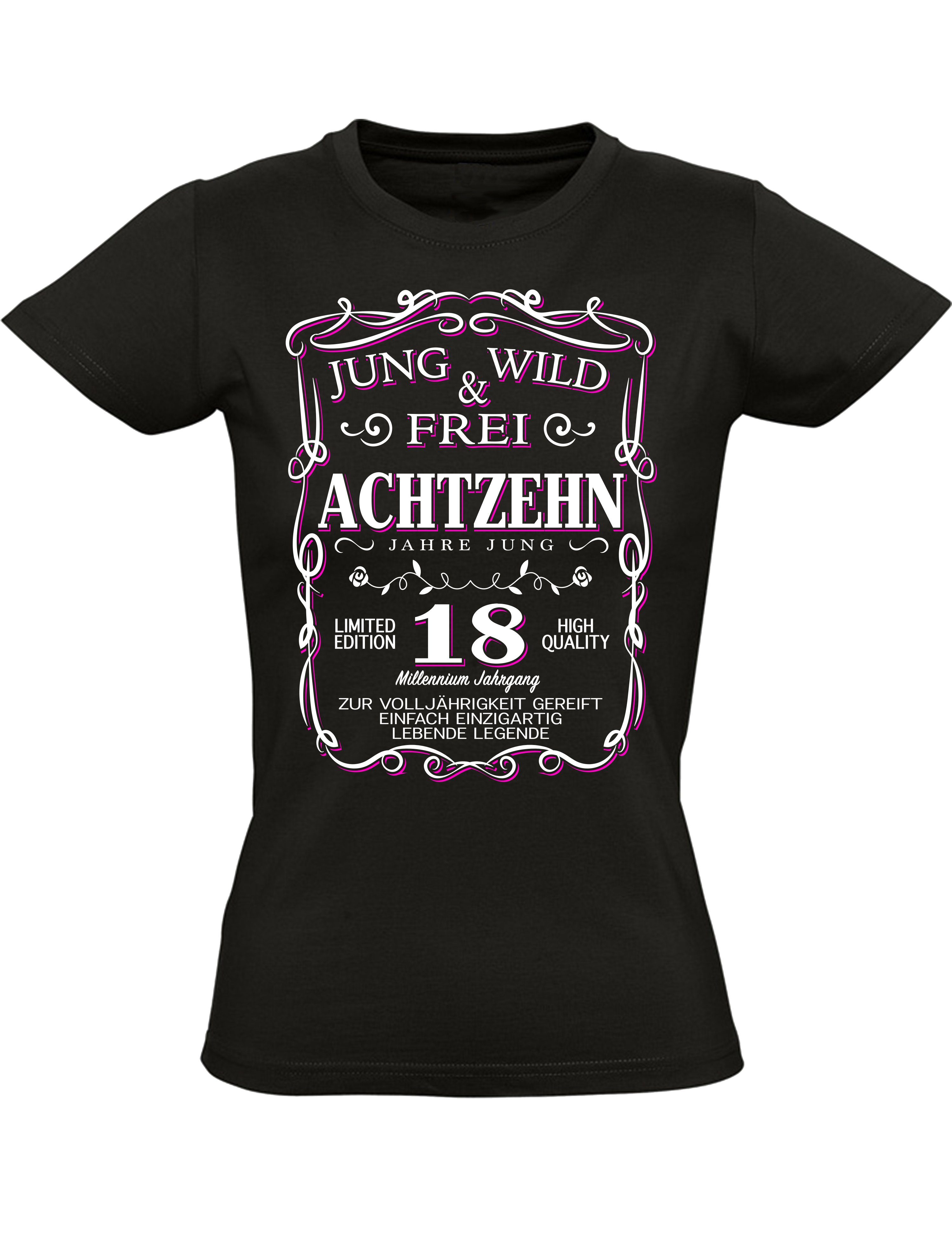 Baddery Print-Shirt Geburtstagsgeschenk für Frauen: "18 Jahre Jung wild und frei", hochwertiger Siebdruck, aus Baumwolle