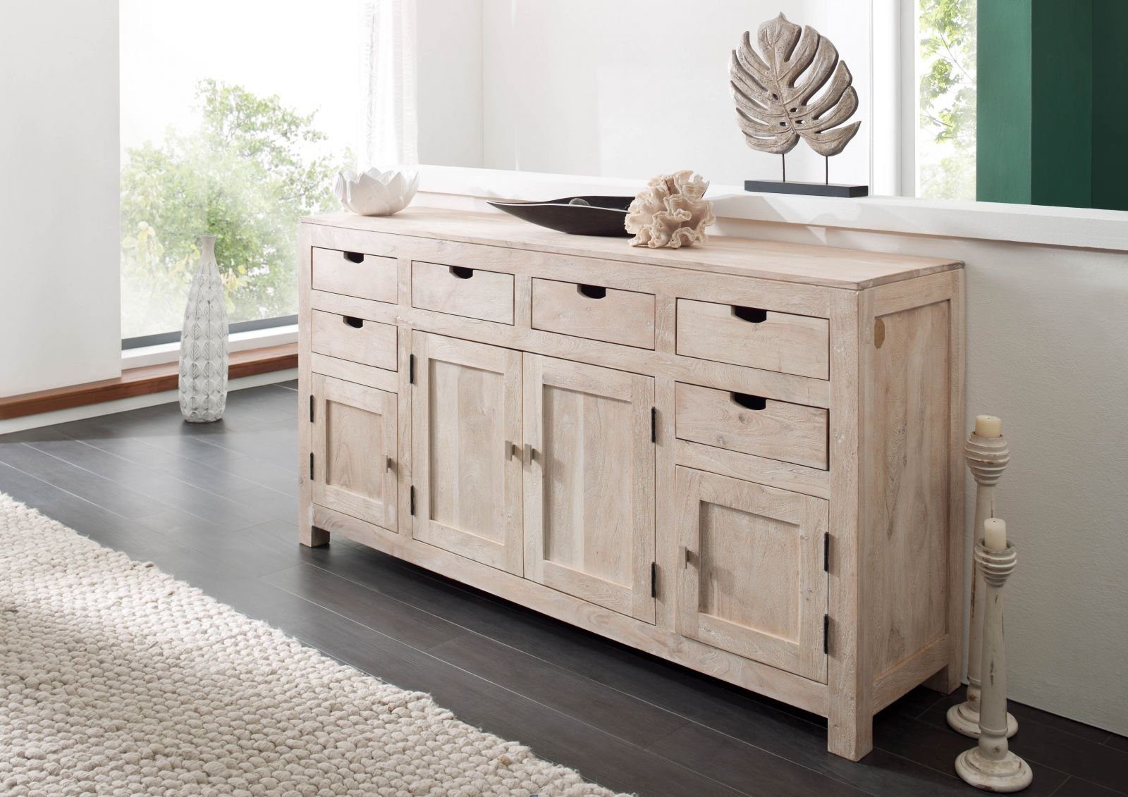 Massivmoebel24 Sideboard NATURE WHITE (Massivholz), Sideboard Akazie 180x45x95 white stone getüncht NATURE WHITE #84