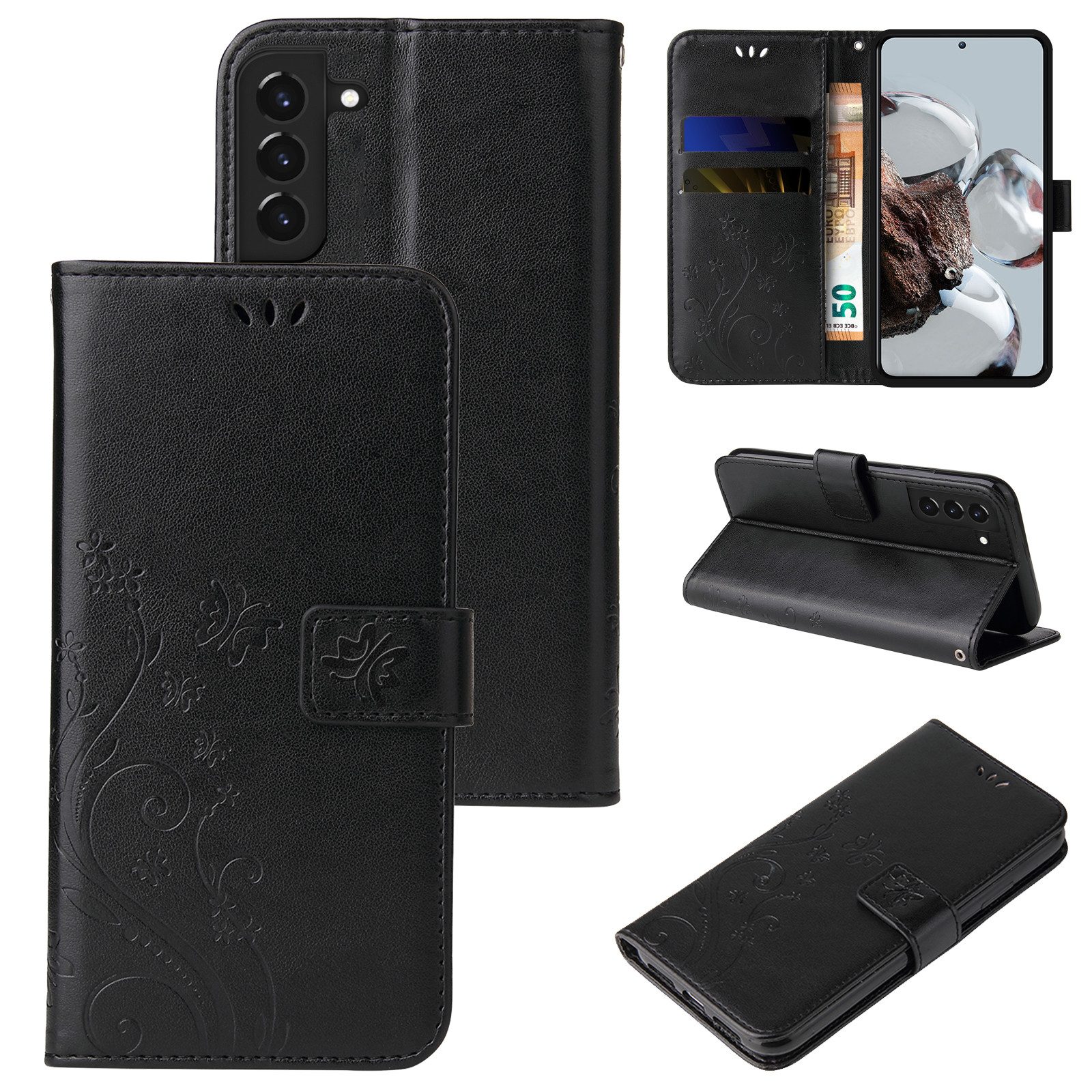 Tec-Expert Handyhülle Cover Tasche Hülle für Samsung Galaxy S22+ 6,6 Zoll, Klapphülle Case mit Kartenfach Fliphülle aufstellbar, Motiv Blumen