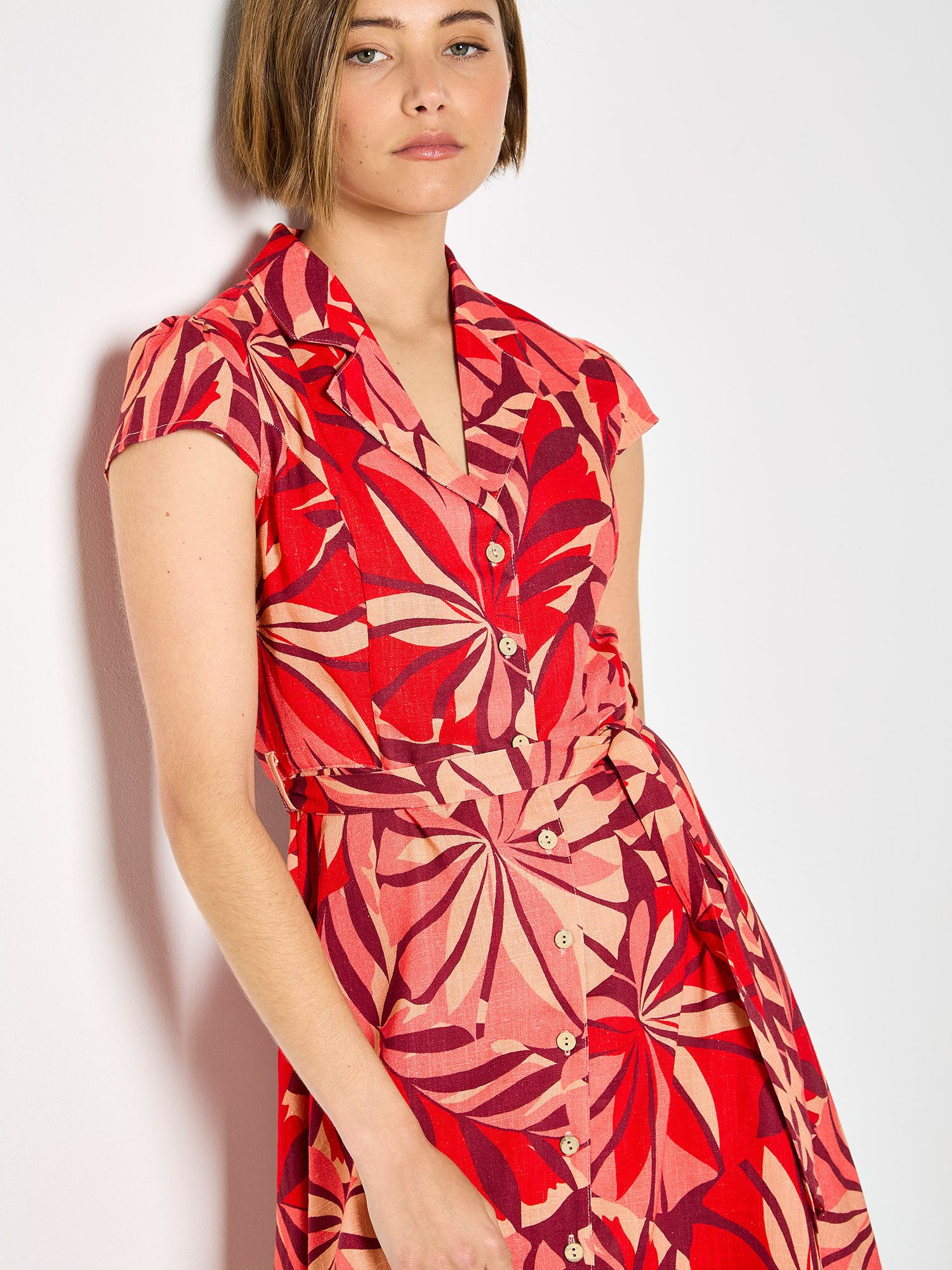 Apricot Minikleid Hemdblusenkleid mit tropischem Blattmuster
