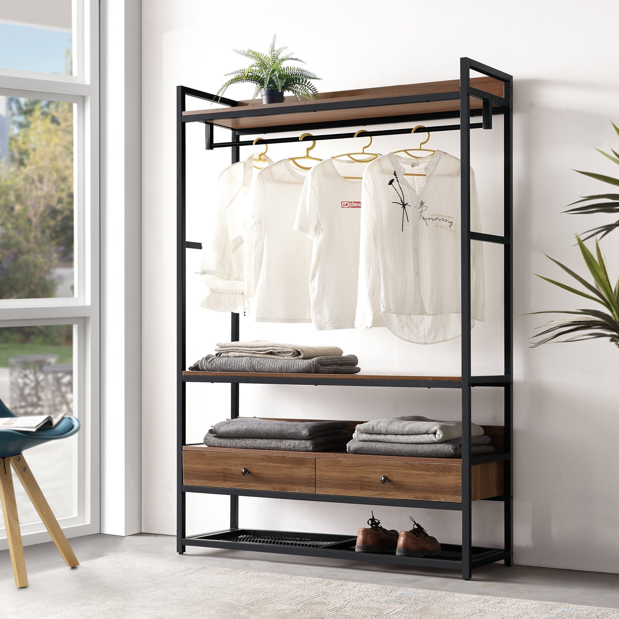 en.casa Шкафыständer, »Isen« 1 Stange, 4 Ablagen, 2 Schubladen 180x120x40cm Schwarz/Walnuss