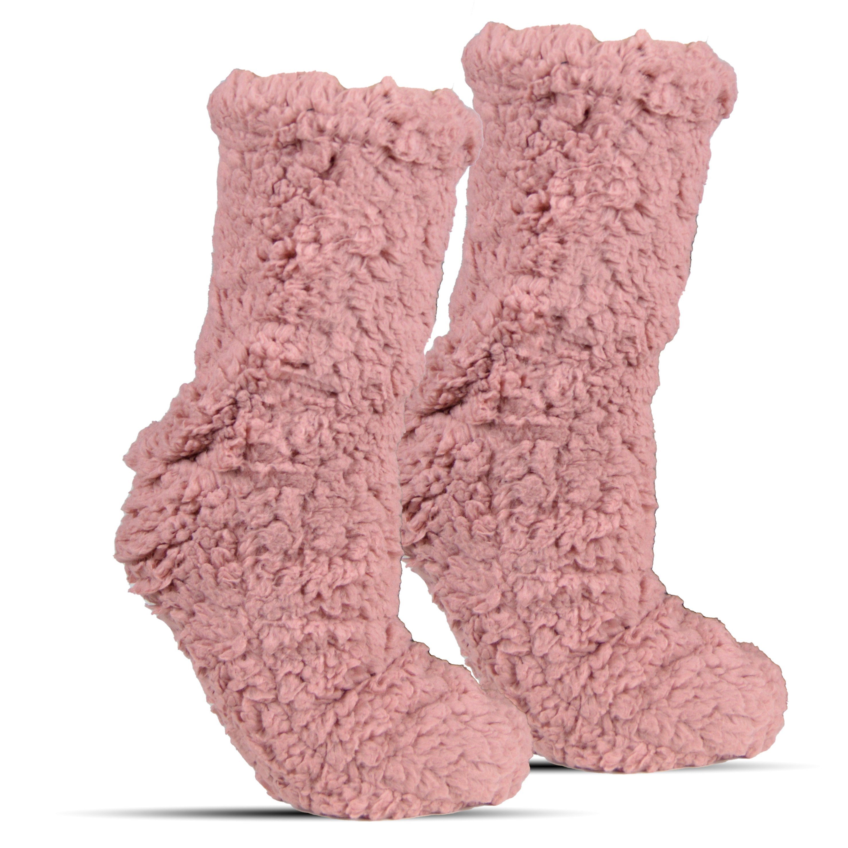 sehr Hüttensocken Frostfighter warme mit Dunkelrosa Teddyfutter, dicke Hüttenschuhe, Socken gefütterte Stoppersohle Haussocken (1-Paar) ABS Damen