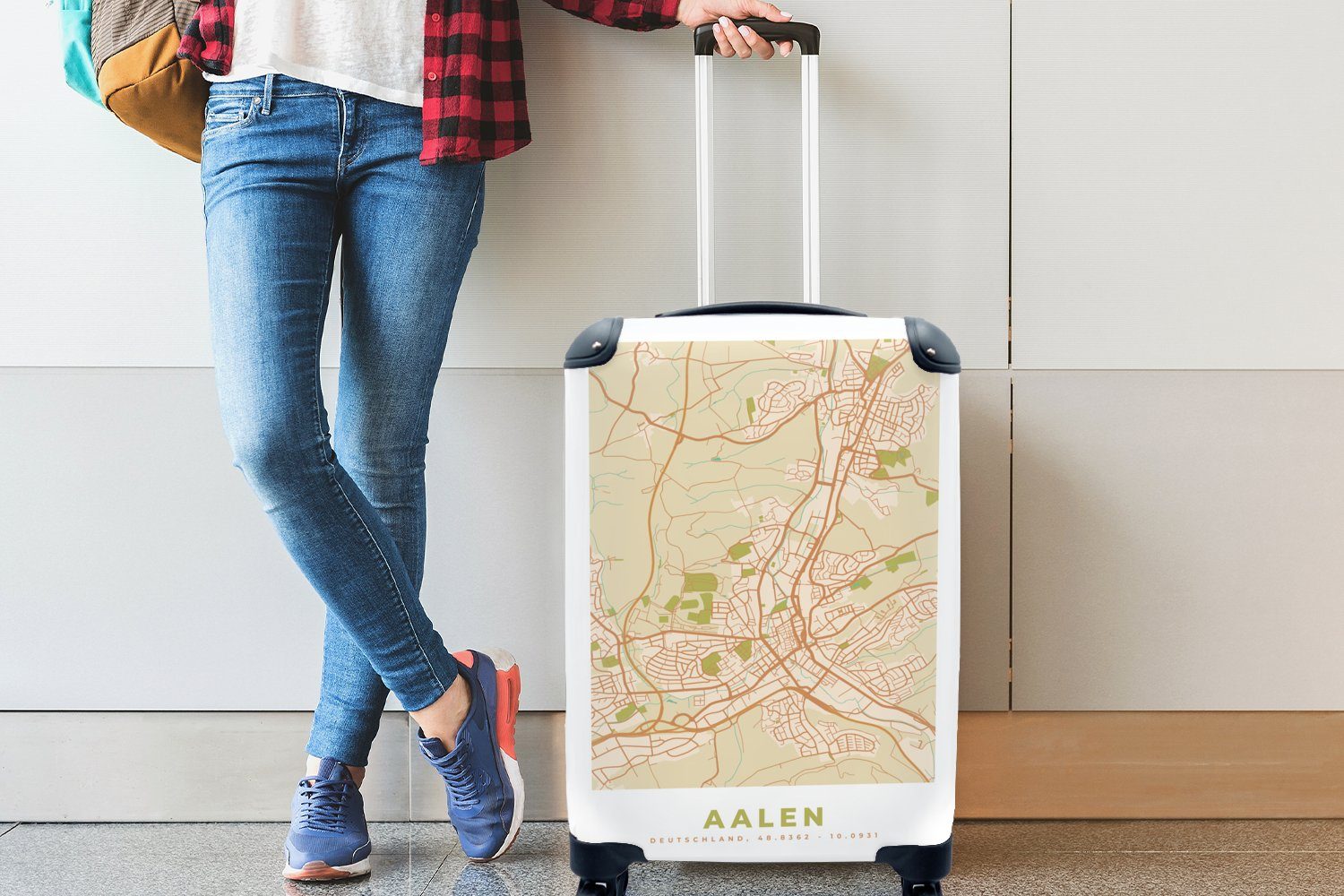 rollen, - Trolley, für Reisetasche Ferien, Handgepäckkoffer Rollen, - 4 mit Vintage Karte Handgepäck Reisekoffer Stadtplan, - Aalen MuchoWow