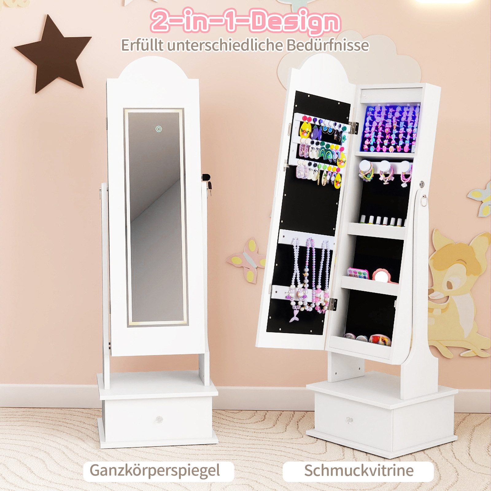 COSTWAY Schmuckschrank Kinder Schmuckkommode mit Beleuchtung & Spiegel