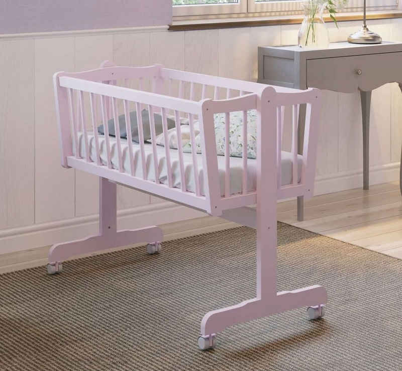 Babyhafen Babybett Babywiege Stubenwagen Kinderbett Weiß & Rosa mit Matratze Rollen, Made in Europa