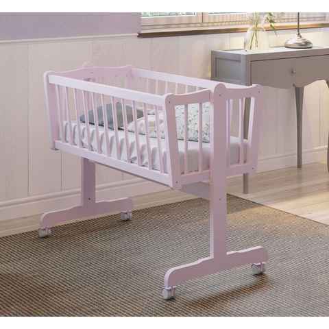 Babyhafen Babybett Babywiege Stubenwagen Kinderbett Weiß & Rosa mit Matratze Rollen, Made in Europa