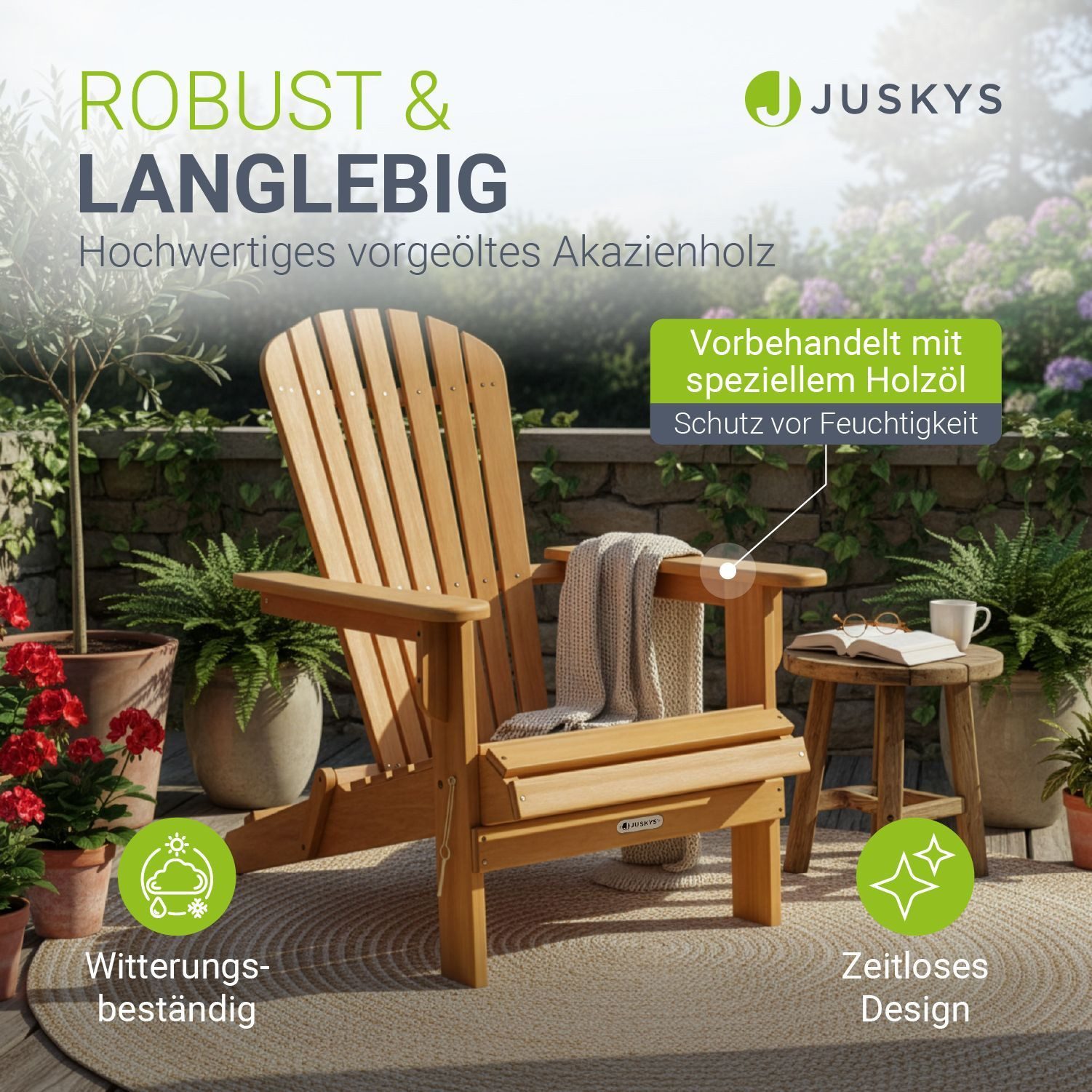 Juskys Gartenstuhl Korfu (1 St), Liegestuhl aus Akazienholz, klappbar, vor geölt, robust & langlebig