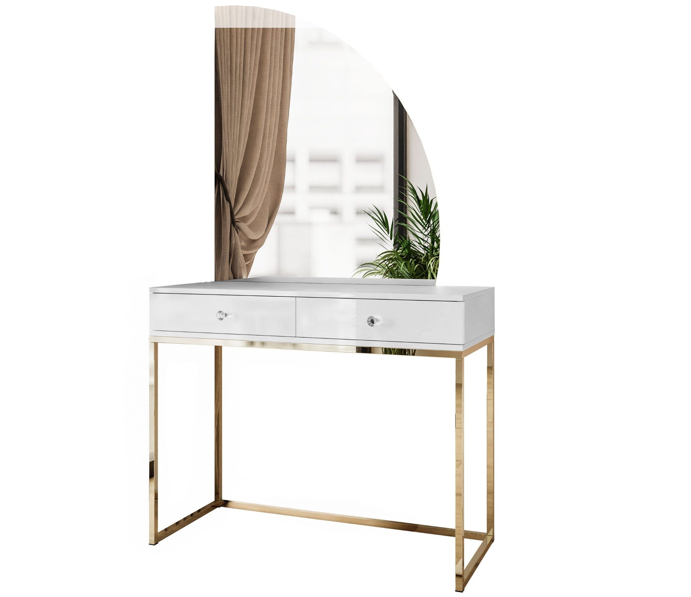 ALLHOUSE24 Schminktisch BUENO MOND Metallgestell Gold Kosmetiktisch Halbmond Spiegel Led (1x Konsolentisch, 1x Spiegel mit LED Beleuchtung), Breite 100 cm