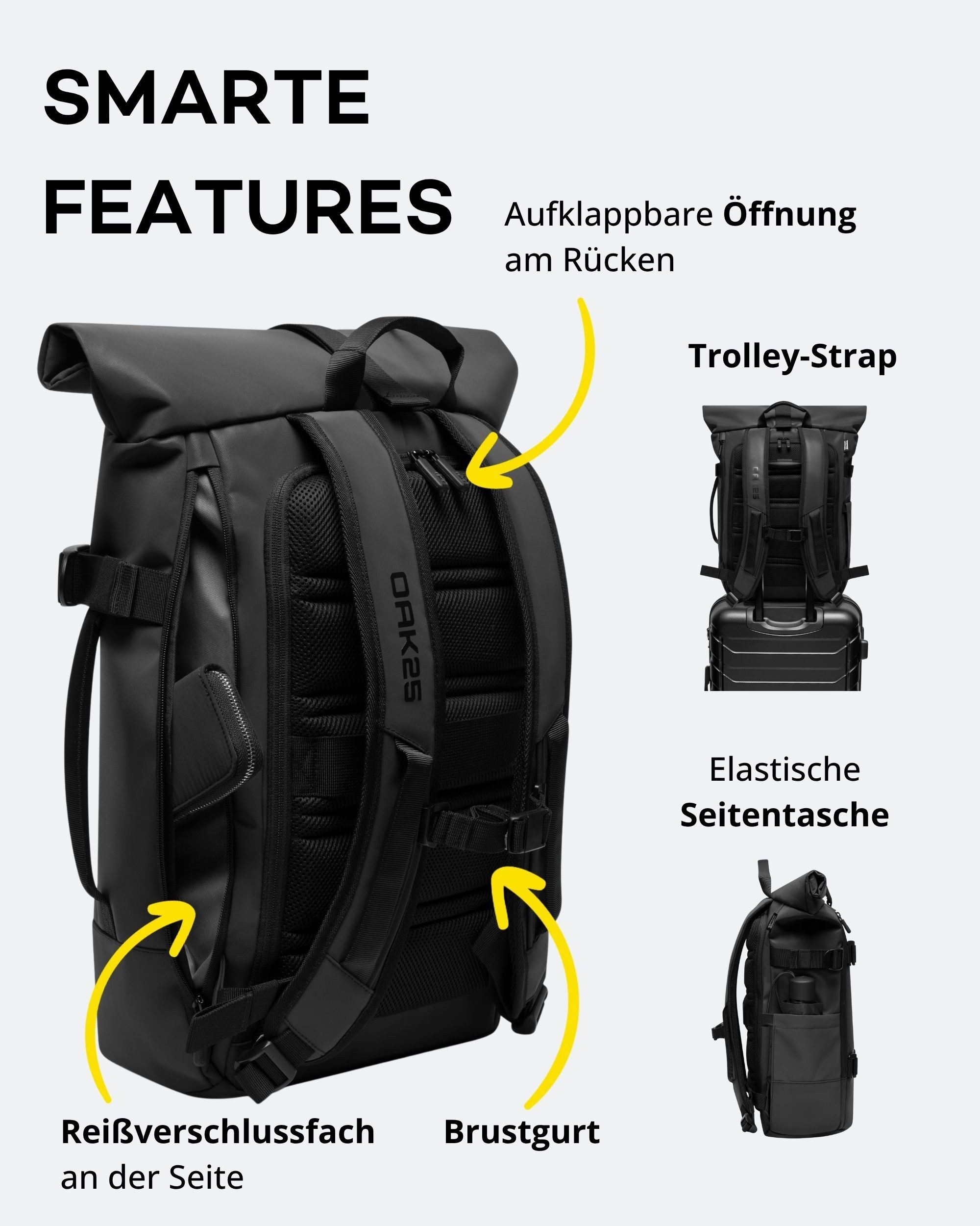 OAK25 Cityrucksack Luminite Rolltop Rucksack reflektierend (1-tlg), Roll Top Backpack mit Laptopfach bis 16 Zoll, wasserabweisend