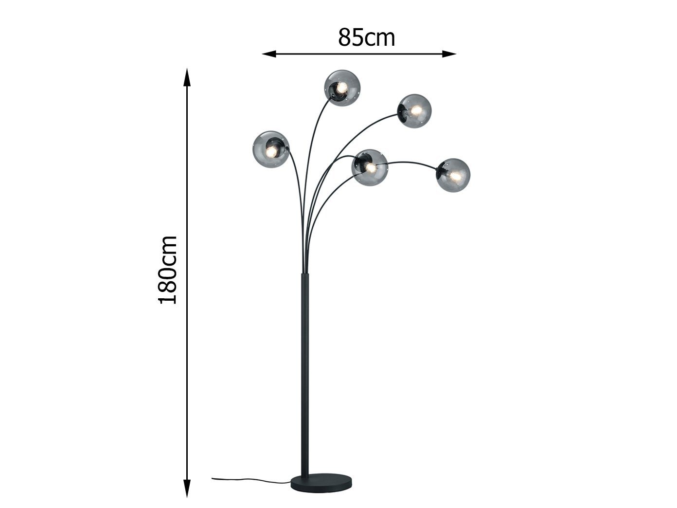 meineWunschleuchte LED Kugel wechselbar, 180cm Warmweiß, ausgefallen-e LED Rauch-glas große Ecke für Bogenlampe, Anthrazit Bogen-stehlampe 5x