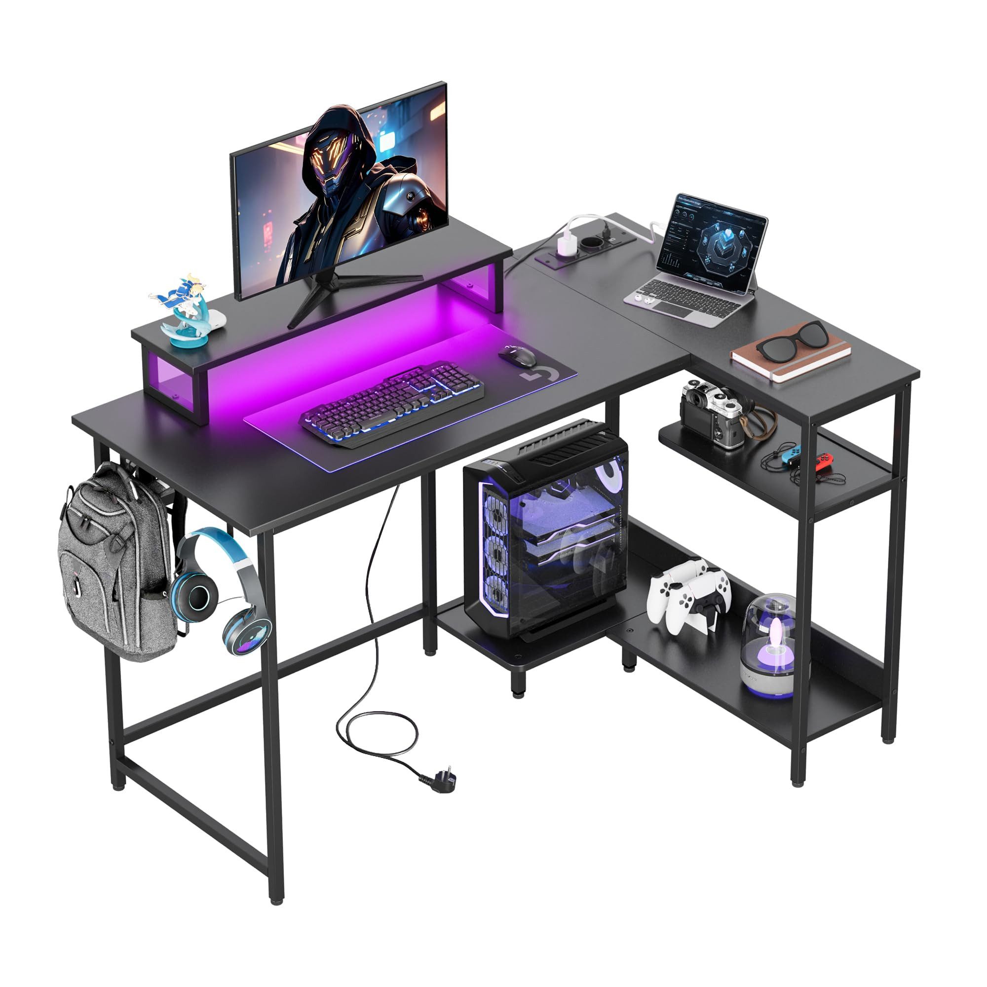 DEVAISE Computertisch Gamingtisch 111/120/140 x 80 cm Computertisch, L-förmiger Schreibtisch (Packung, Tablett mit Ständer), Computertisch mit LED, 2 USB und 2 AC-Steckdosen, für Büro