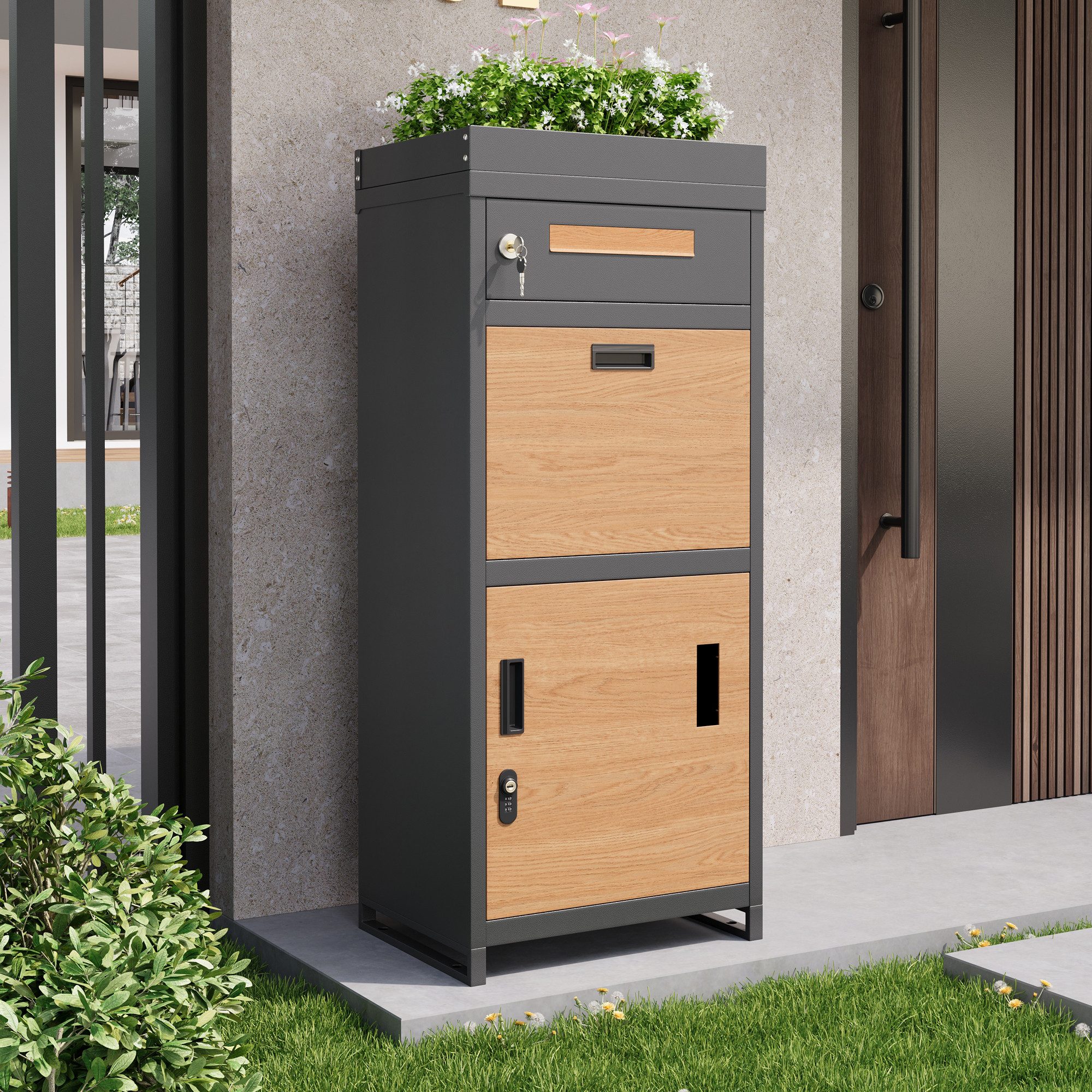 OUTMAX Paketbriefkasten Ausgestattet mit einem Zahlenschloss, Außenbriefkasten mit Blumenbeet (Set, 1-St., 1 x Paketbriefkasten), 50 L x37 B x 118.5 H(cm)