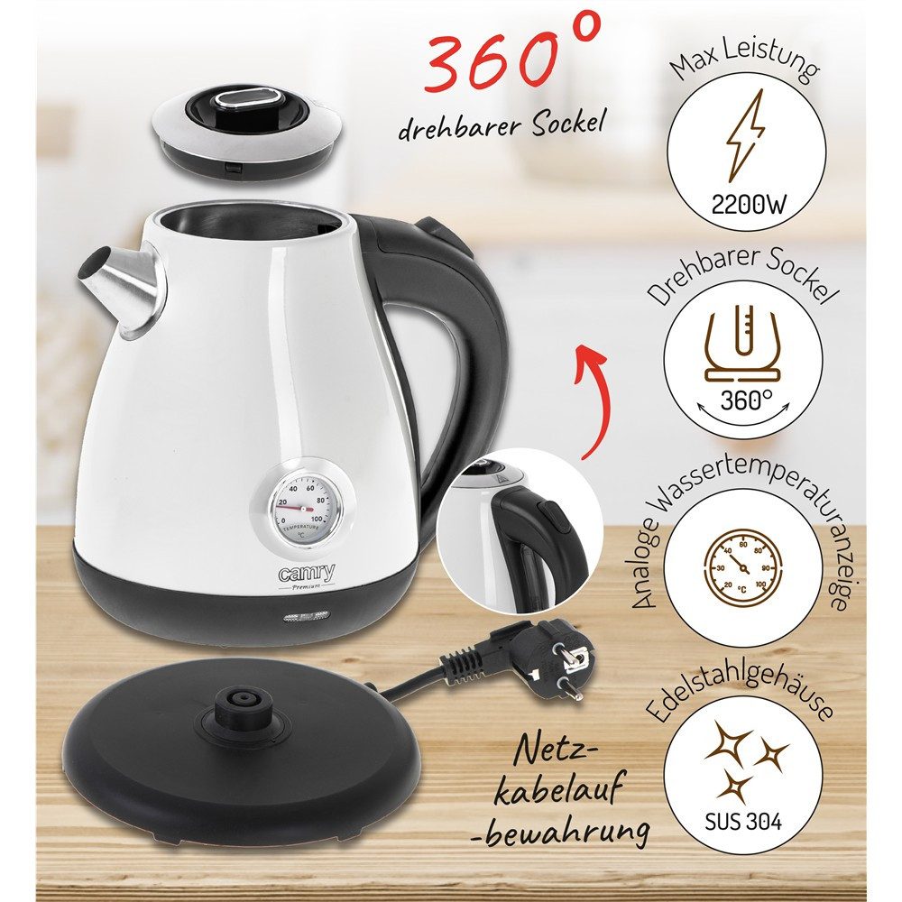 Camry Wasserkocher CR 1344w Retro Edelstahl Wasserkocher mit Thermometer, 1,7 l, 2200 W, analoge Temperaturanzeige, Kalkfilter, Teekocher, Tee, Kaffee, Weiß