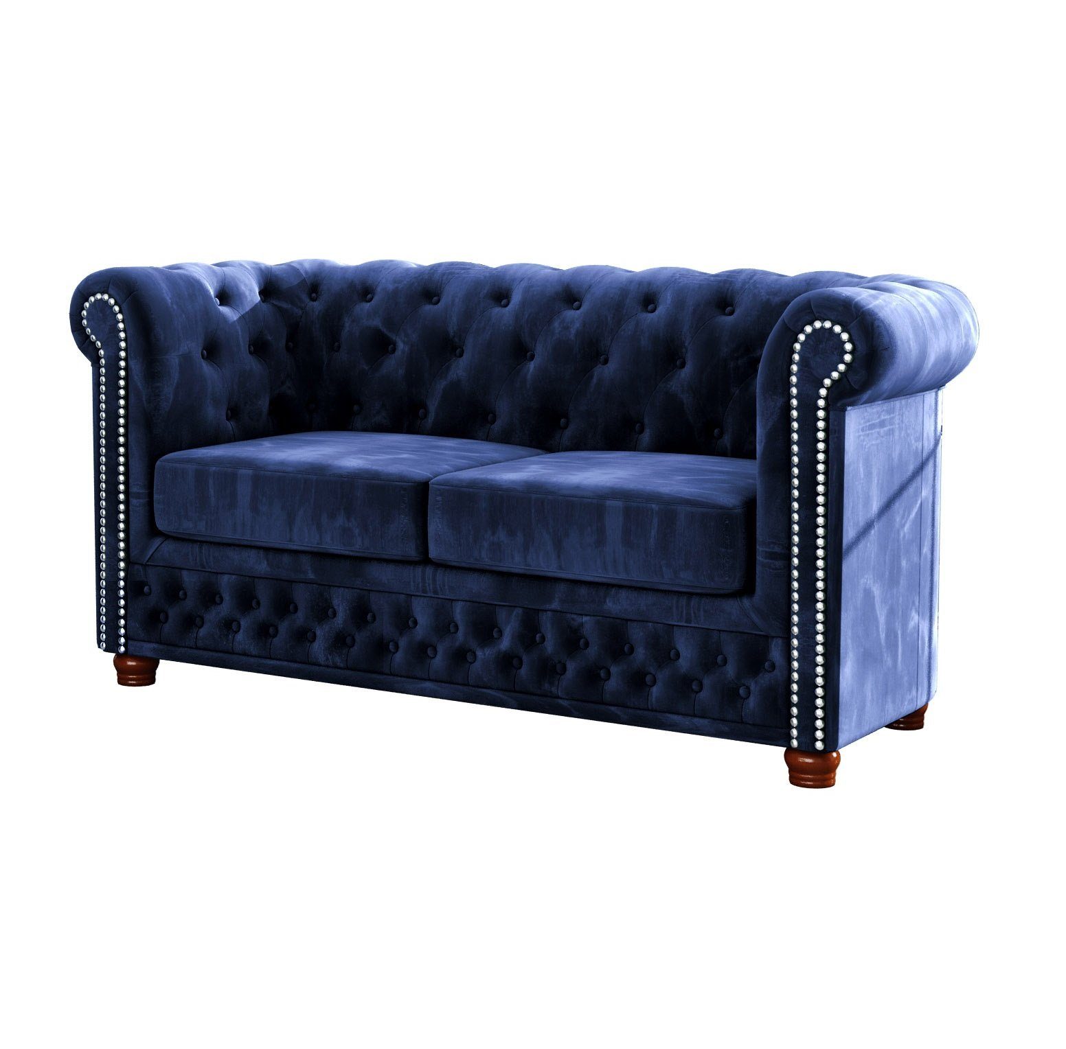S-Style Möbel 2-Sitzer Leeds Chesterfield Marineblau mit Sofa, Wellenfederung