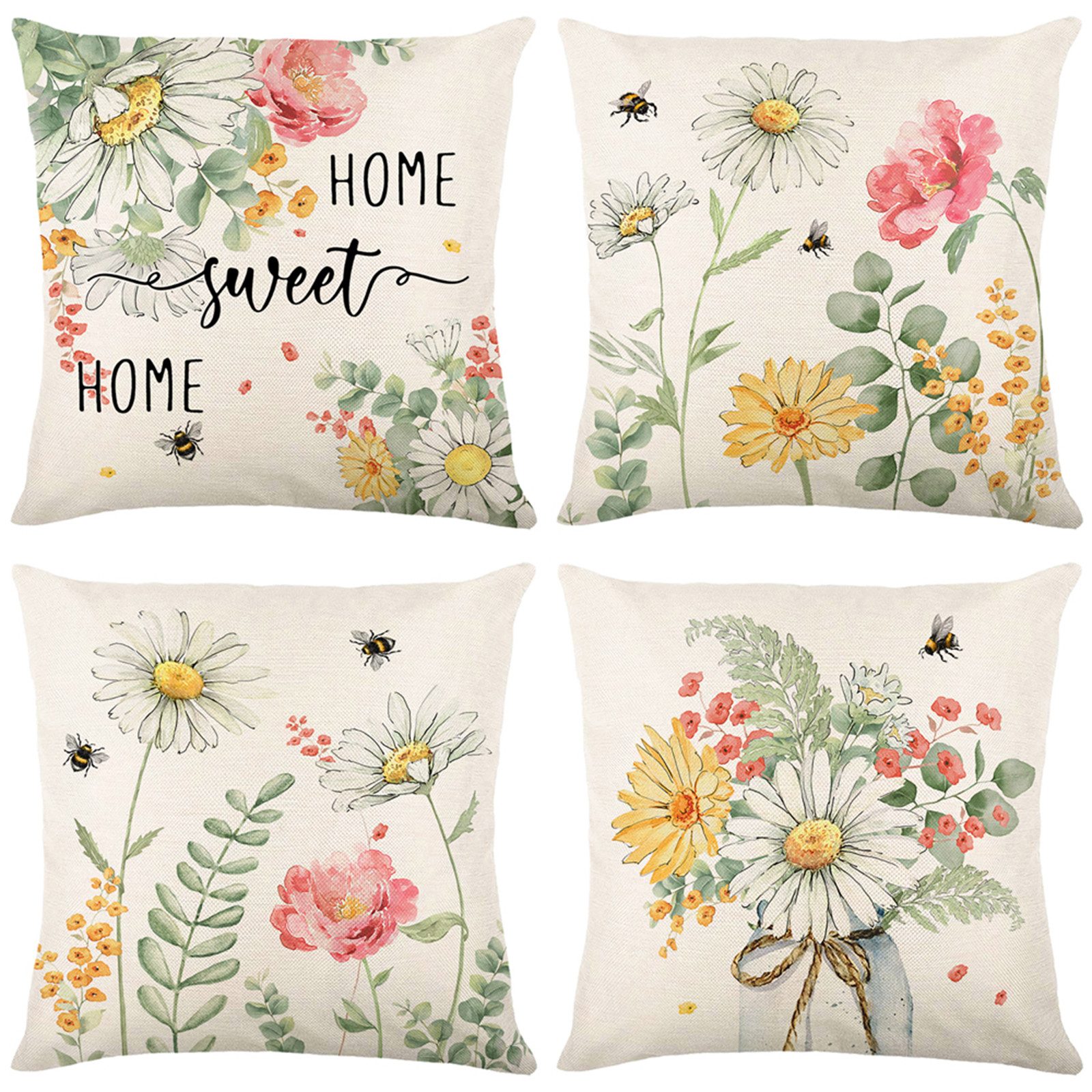 Kissenbezug Leinen Kissenbezüge, 45x45, 4er Set, für Sofa Gartenbett Couch Kissen