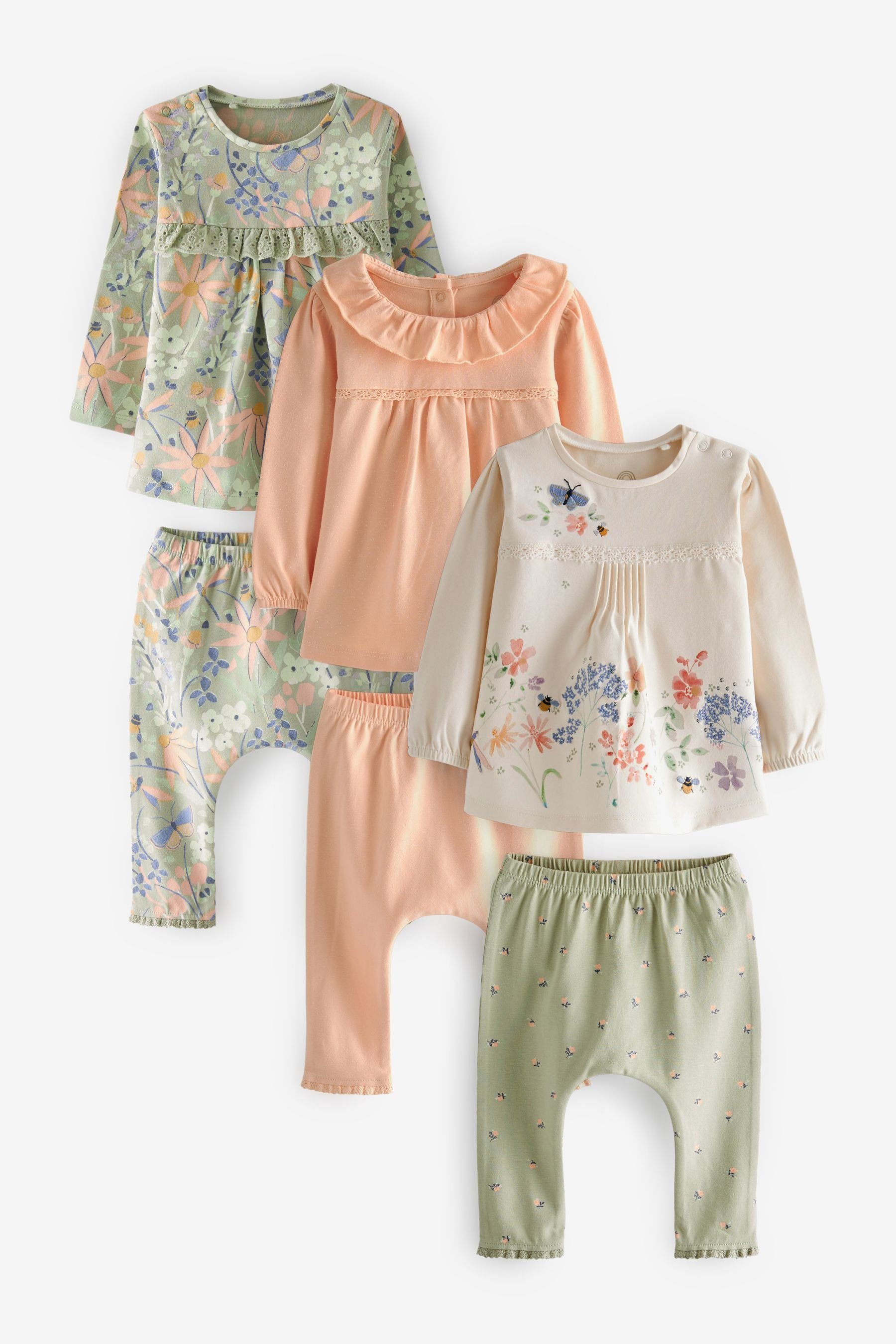 (6-tlg) & T-Shirts Green/ Floral im Baby-Set Shirt White und Leggings Next Leggings 6-teiligen