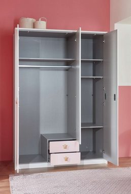 Stylefy Kinderkleiderschrank Emilie III Weiß Pastellrosa (Standschrank, Kinderschrank) 3-türig, mit viel Stauraum, aus Holzwerkstoff, mit Soft-Close Funktion, Design Modern, für Kinder, mit Spiegel und Schubladen