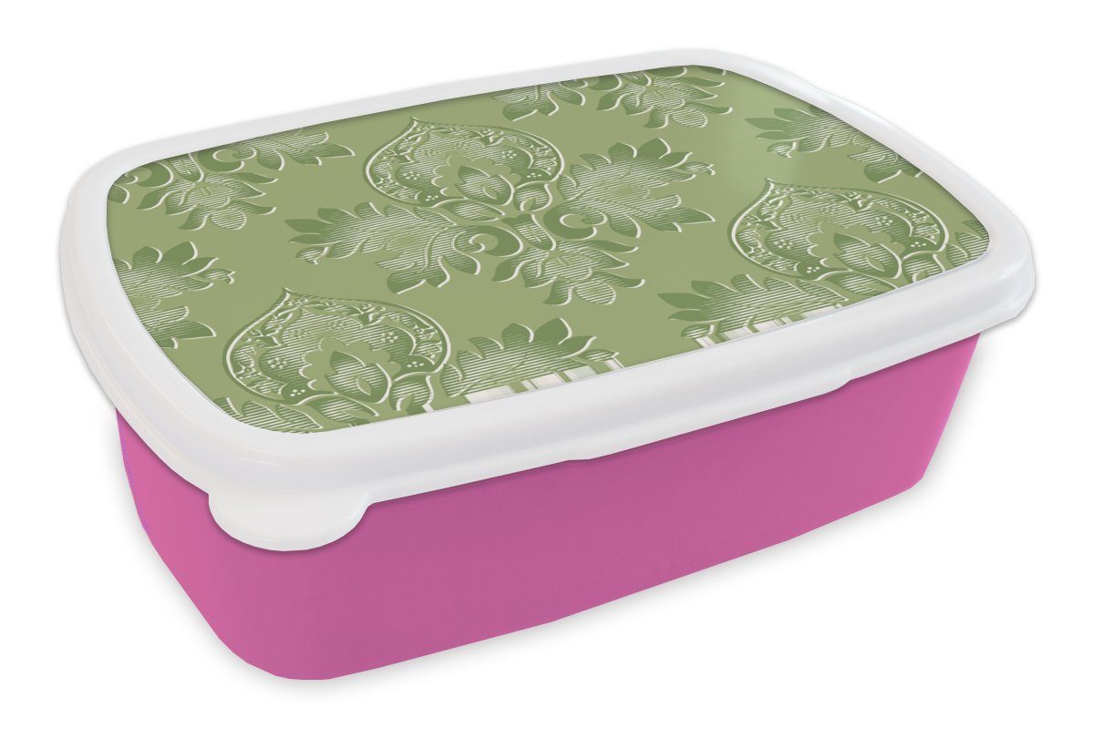 MuchoWow Lunchbox Psychedelisch - Blätter - Grün - Vintage - Design, Kunststoff, (2-tlg), Brotbox für Erwachsene, Brotdose Kinder, Snackbox, Mädchen, Kunststoff rosa