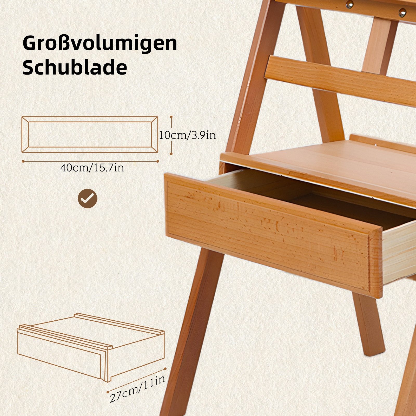 Rutaqian Staffelei H-Rahmen-Staffelei,mit Schublade,Staffelei aus massivem Buchenholz, neigbare flache Künstlerstaffelei, Höhenwinkel einstellbar