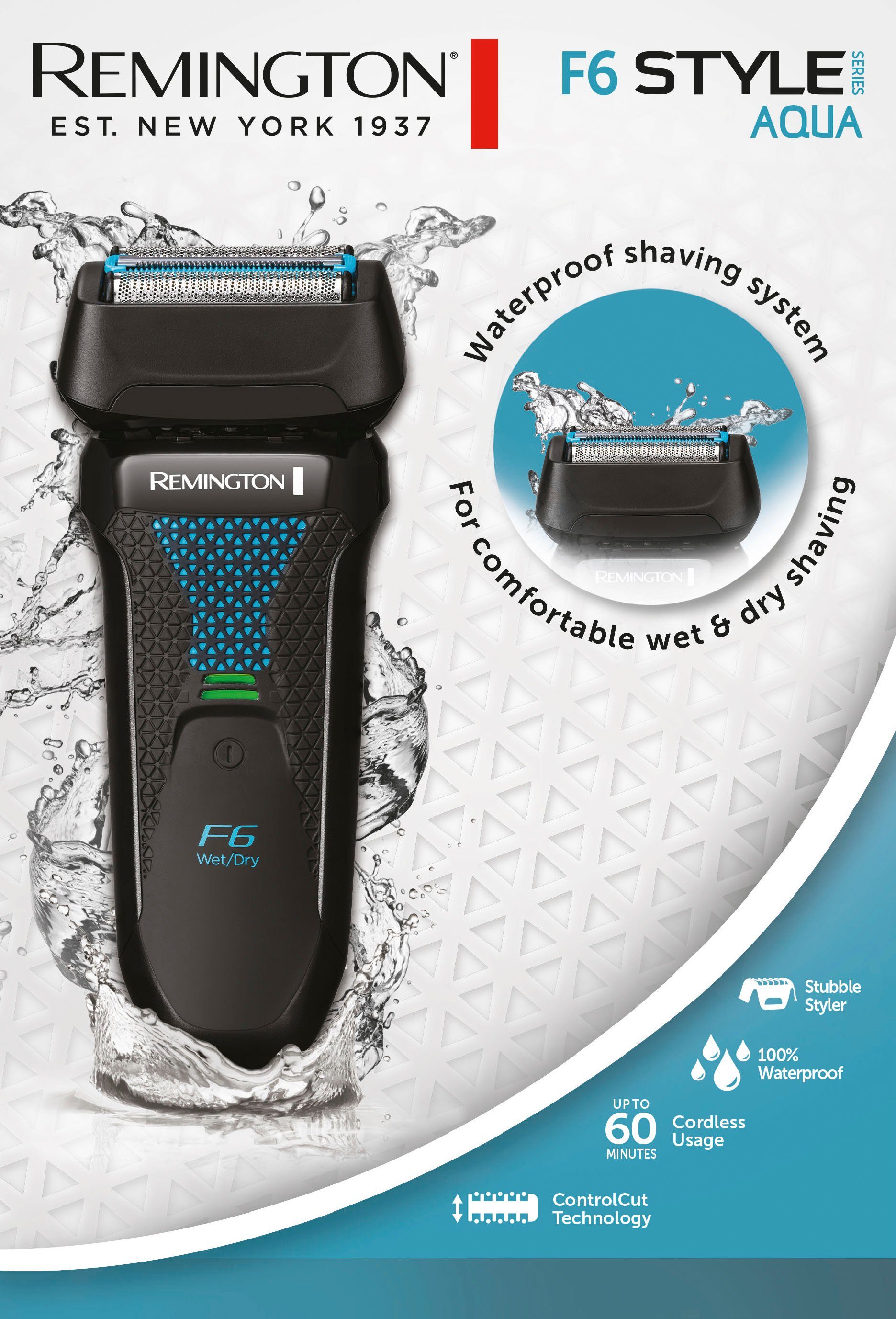 Remington Elektrorasierer F6000 100 & Trockenrasur, Nass Wasserdichtes wasserdicht, Styler Rasiersystem, % Langhaartrimmer, Style mit 3-Tage-Bart 1, Aufsätze