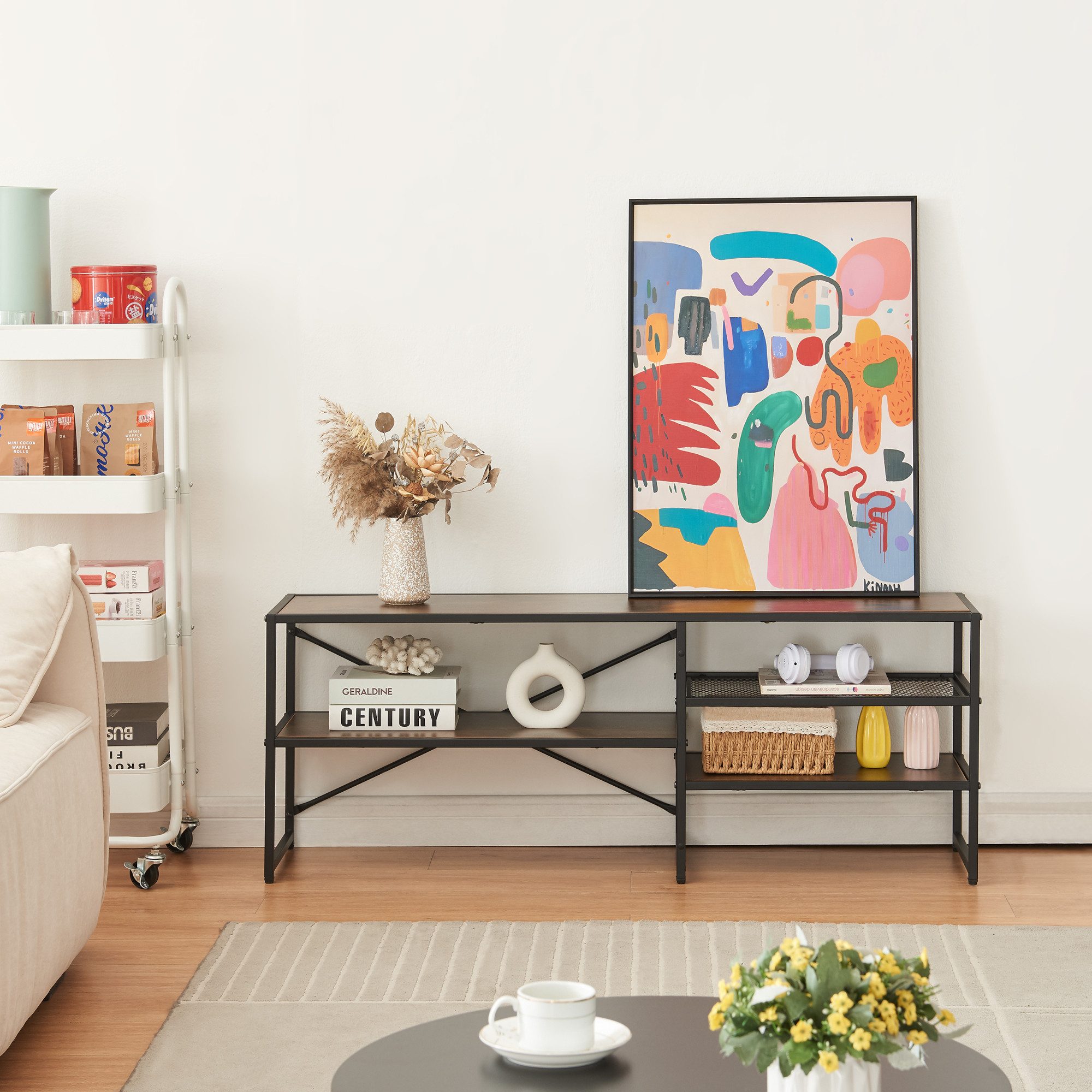 en.casa TV-Regal, »Västiarharg« Metallgestell 120x30x46 cm Schwarz/Walnussoptik