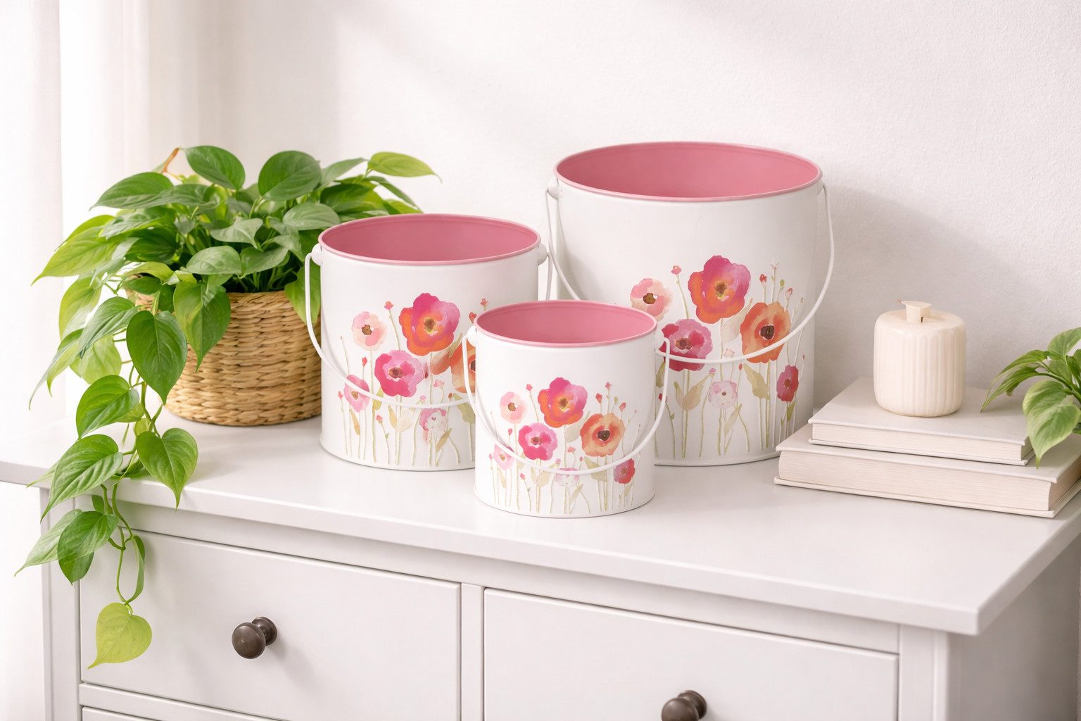 finehomegarden Blumentopf Topf Mohn bunt Set 3-teilig Pflanzentöpfe mit Henkel Ø 12/15/18cm (3 St), Höhe 12/14/16cm rund Dekorative Blumentöpfe für Innen & Außen