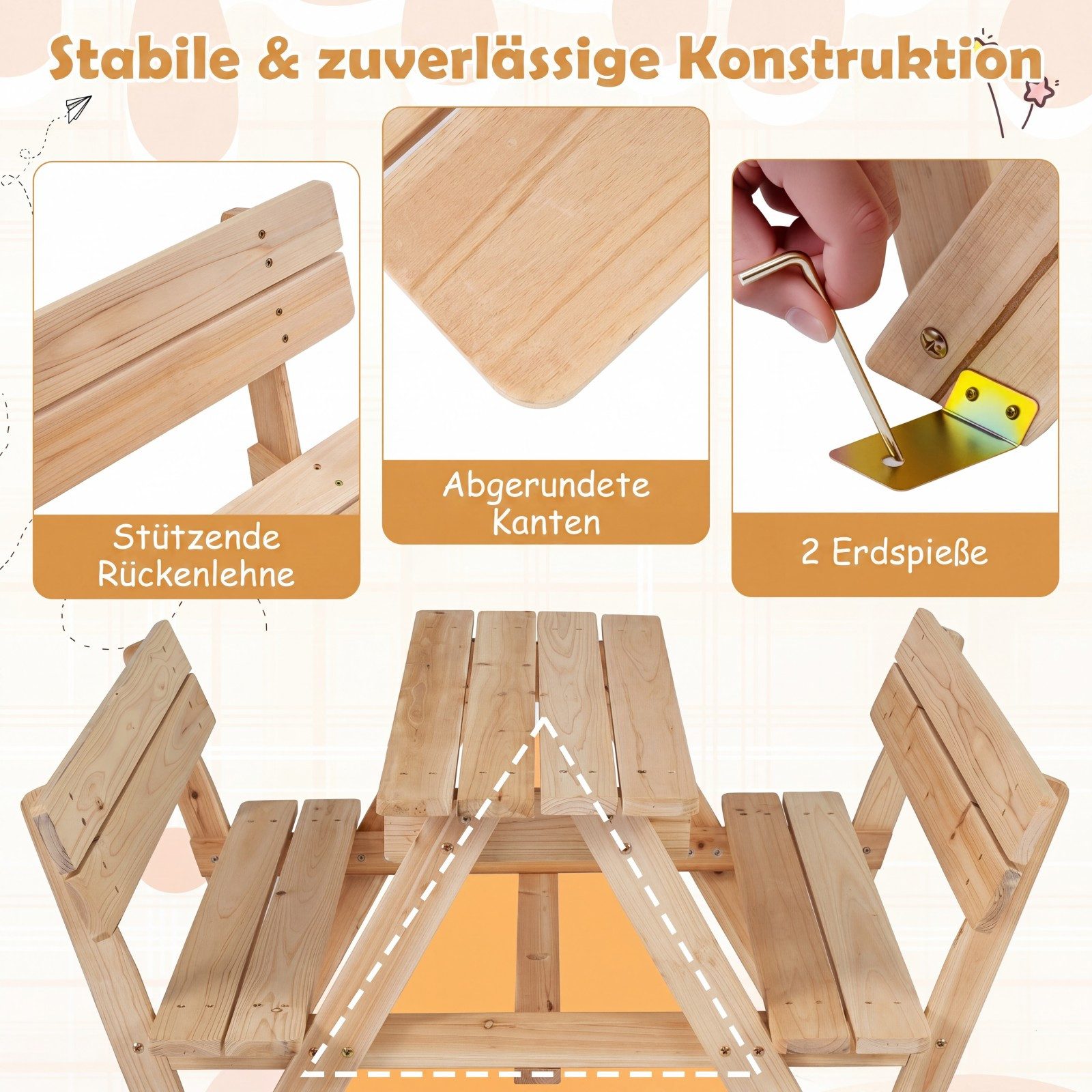 COSTWAY Garten-Kindersitzgruppe, Picknicktisch Kinder mit Sonnenschirm