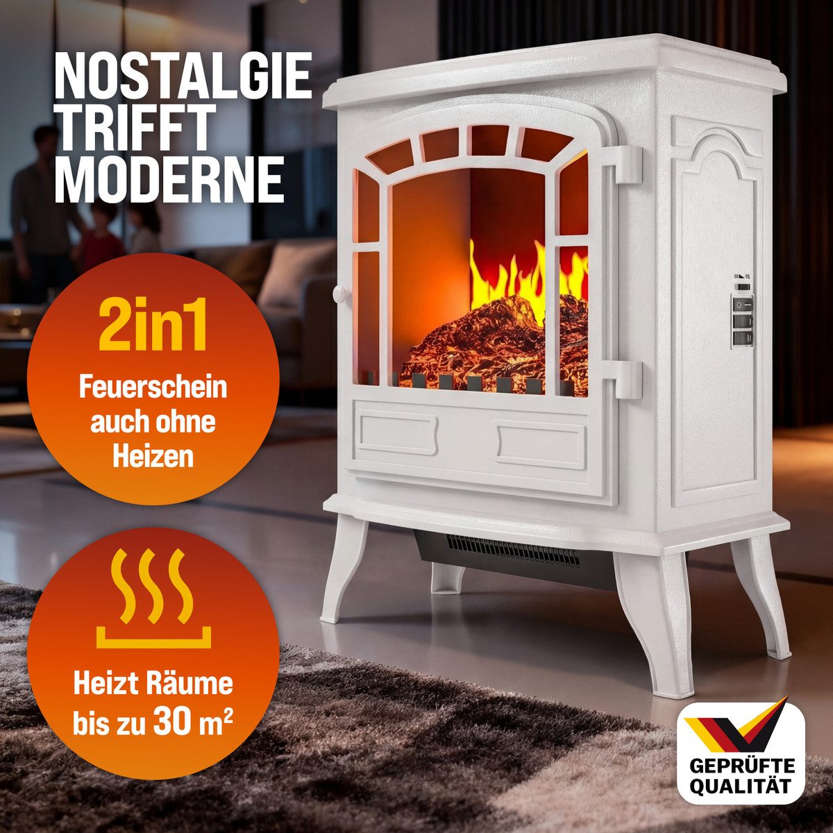 monzana Elektrokamin, Mit Heizung Flammeneffekt Heizlüfter Kamin Deko Ofen Weiß Wohnzimmer