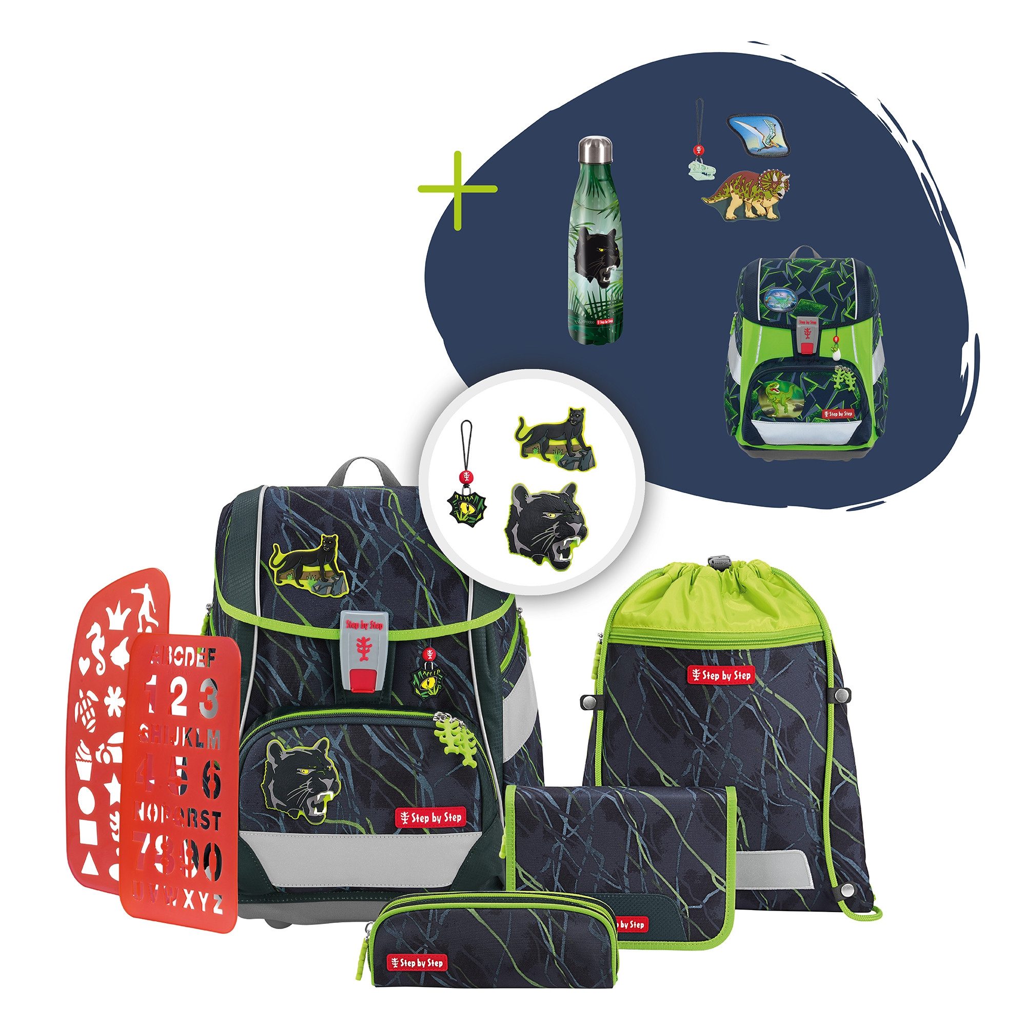 Step by Step Schulranzen 2IN1 PLUS „Danger Cat Chiko“, 9-teilig, grün (6-teilig, 9-tlg)