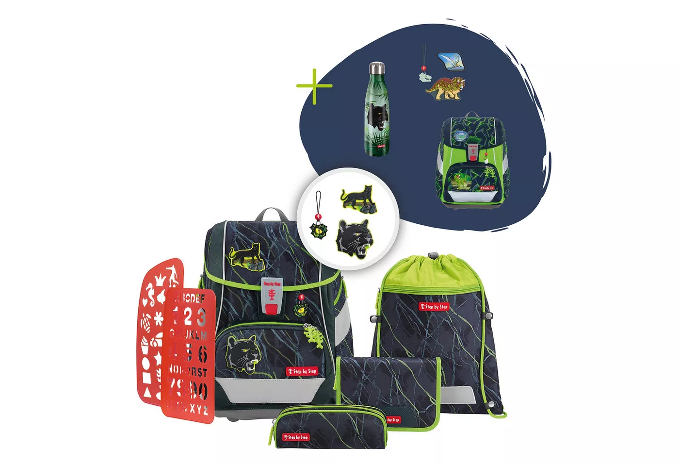 Step by Step Schulranzen 2IN1 PLUS „Danger Cat Chiko“, 9-teilig, grün (6-teilig, 9-tlg)