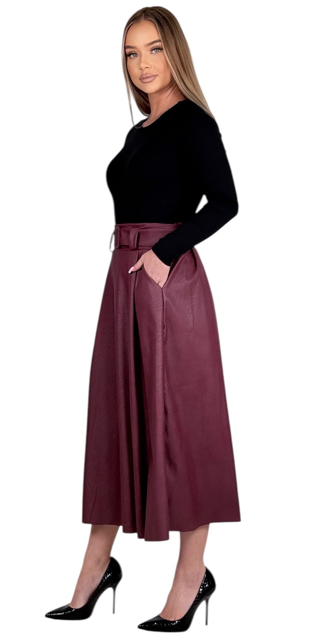 Mississhop Lederimitatrock Damen A-Linien Rock mit Gürtel – Kunstleder M.401