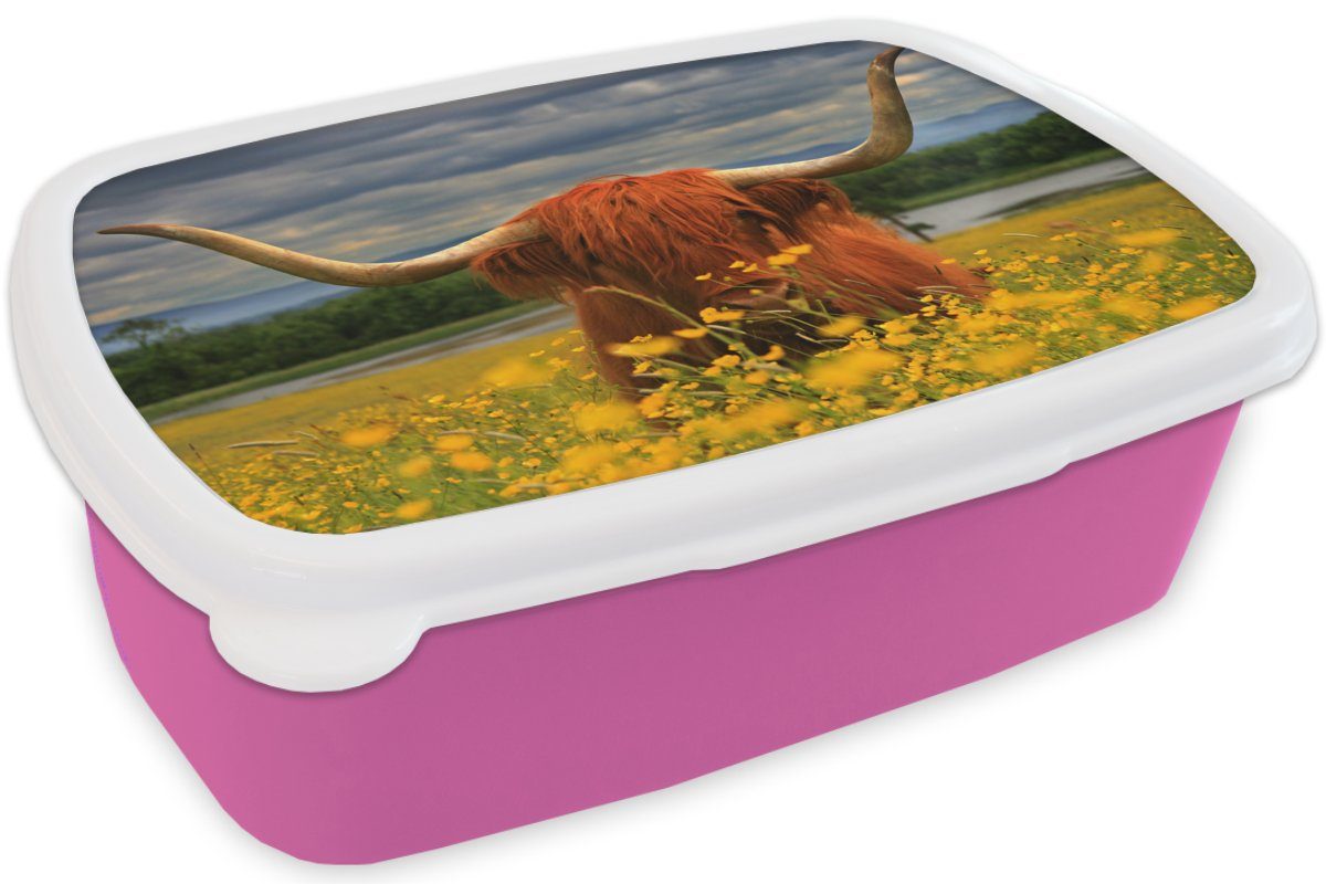 MuchoWow Lunchbox Schottischer Highlander - Blumen, Snackbox, (2-tlg), Kunststoff, - Kinder, Erwachsene, für rosa Brotbox Tiere Brotdose Mädchen, Kunststoff