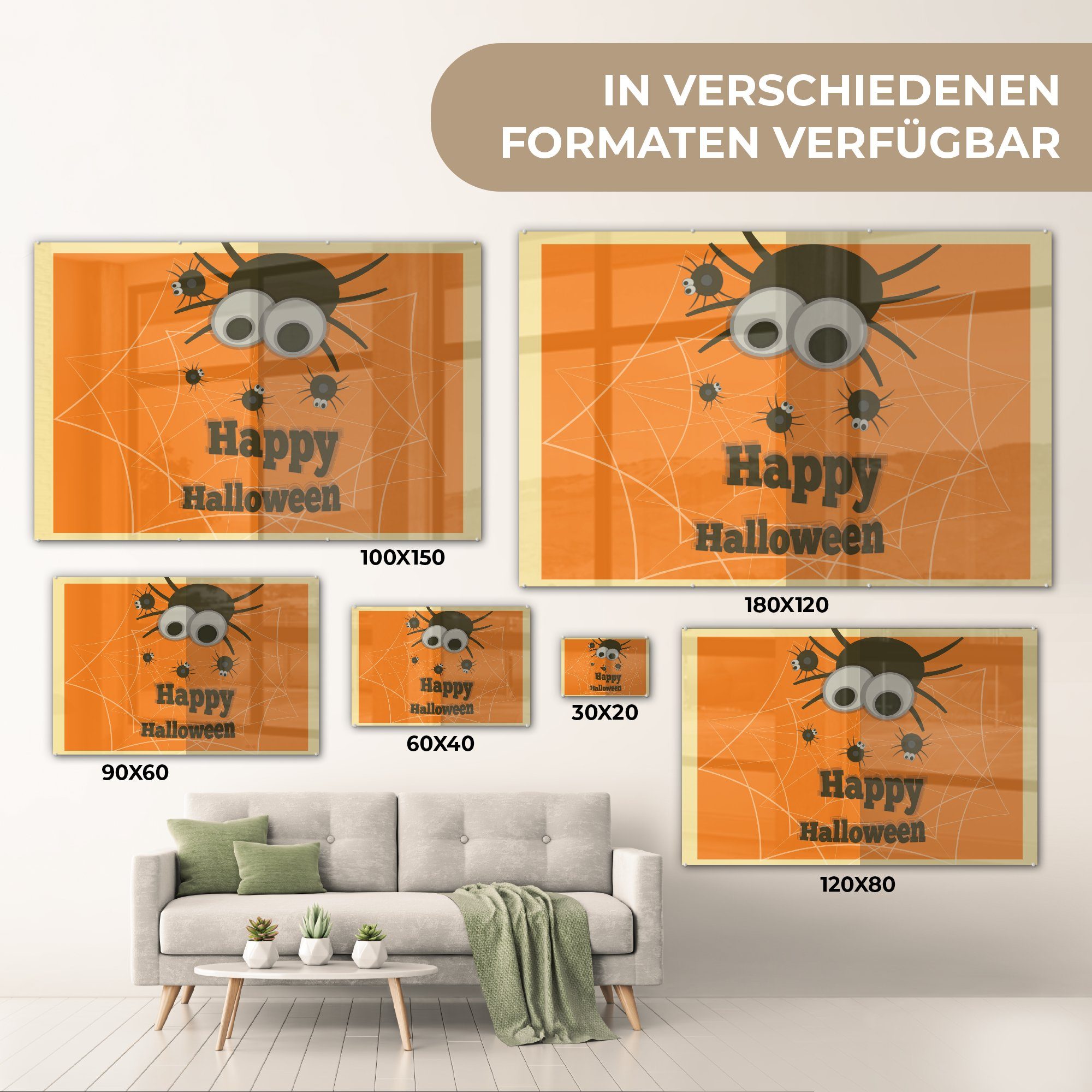 mit Schlafzimmer (1 & Halloween' St), Wohnzimmer Happy Hintergrund, Acrylglasbilder MuchoWow auf orangem Spinnen Acrylglasbild