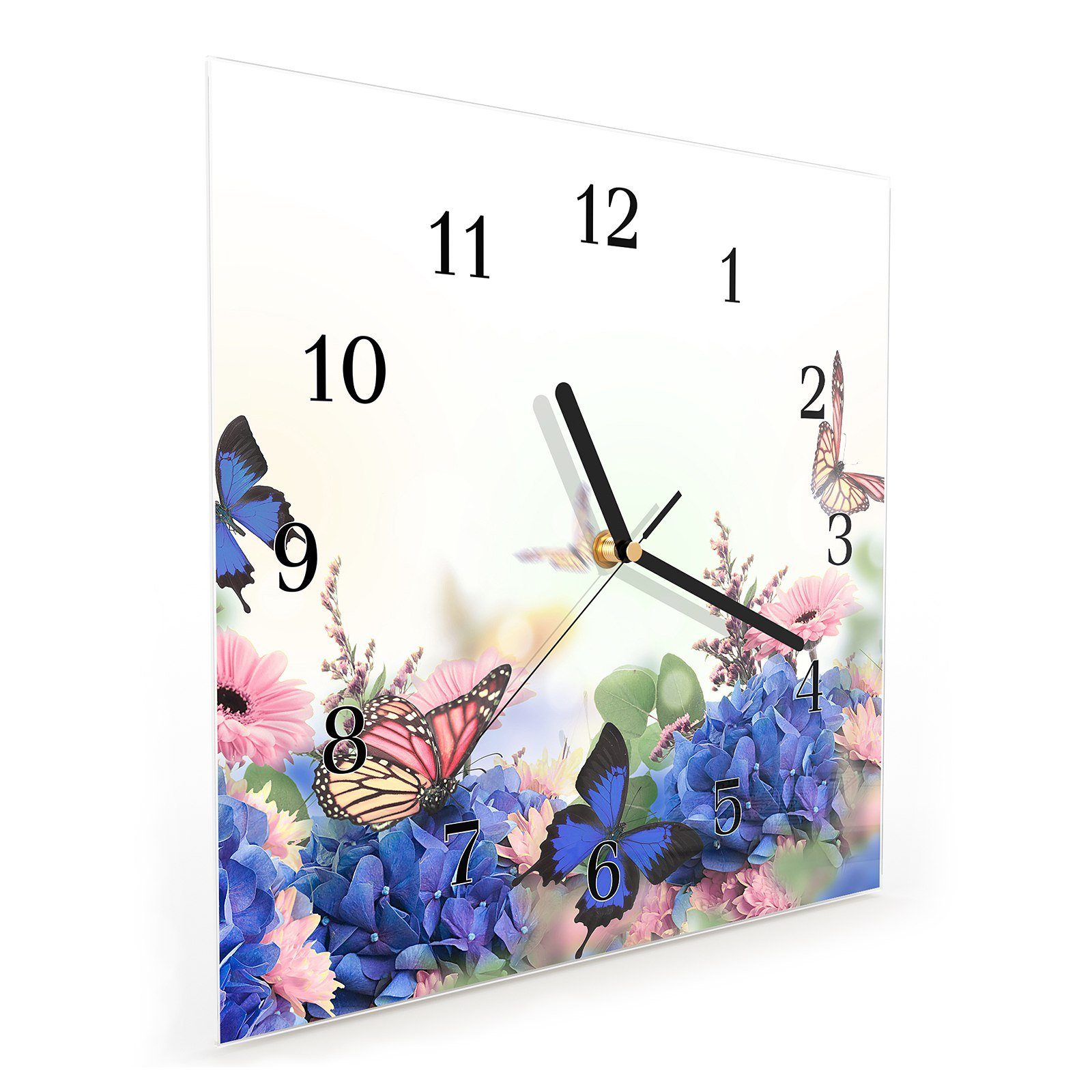 mit Wandkunst und Wanduhr cm Schmetterlinge Primedeco Wanduhr Größe Motiv 30 Blüten x 30 Glasuhr