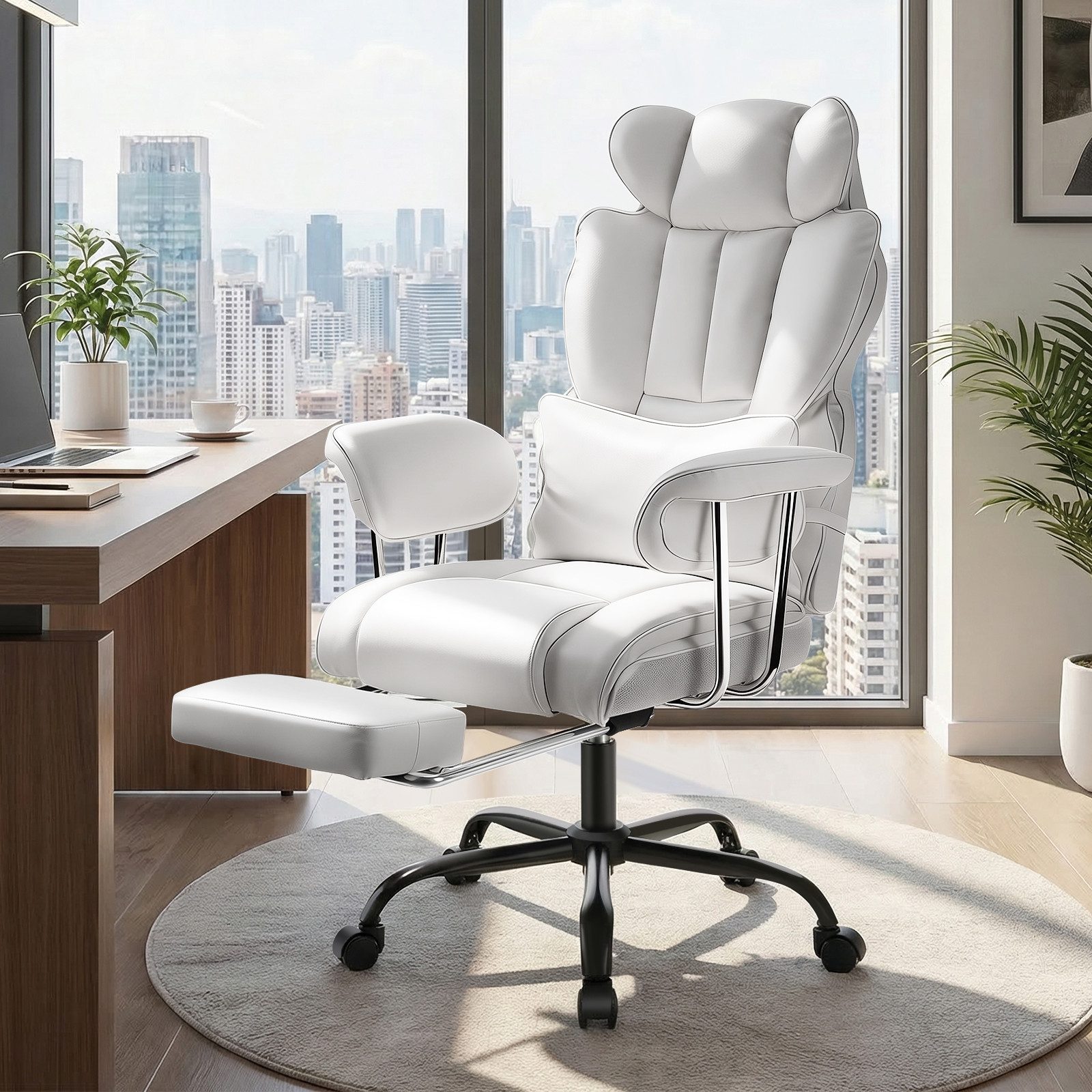 oyajia Chefsessel Ergonomischer Bürostuhl, Höhenverstellbar Schreibtischstuhl (Bürostuhl 200 kg mit Fußstütze und Lendenwirbelstütze), 135° neigbar, für Wohnzimmer, Büro