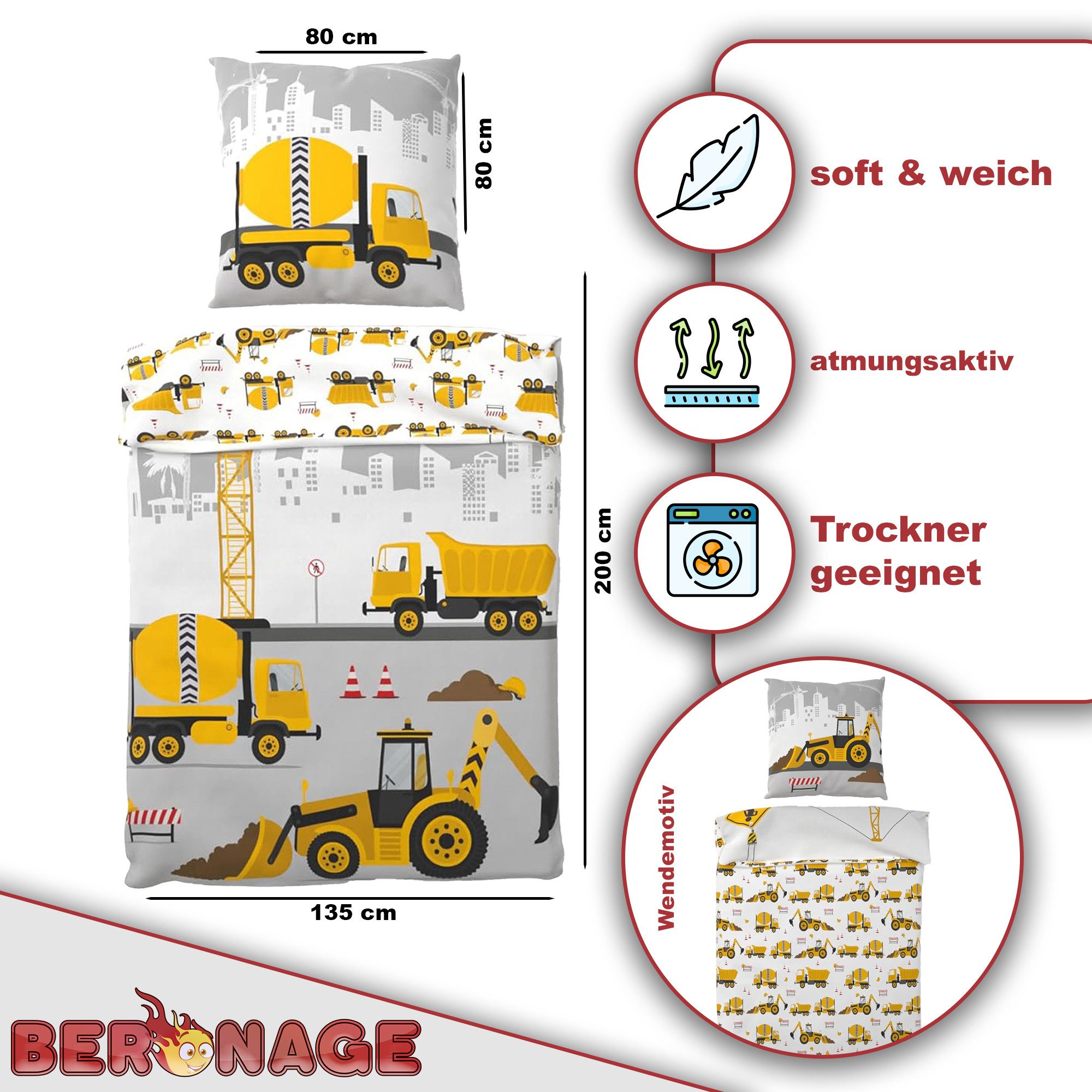 BERONAGE Kinderbettwäsche Bagger Bettwäsche Linon / Renforcé, 100% Baumwoll günstig online kaufen