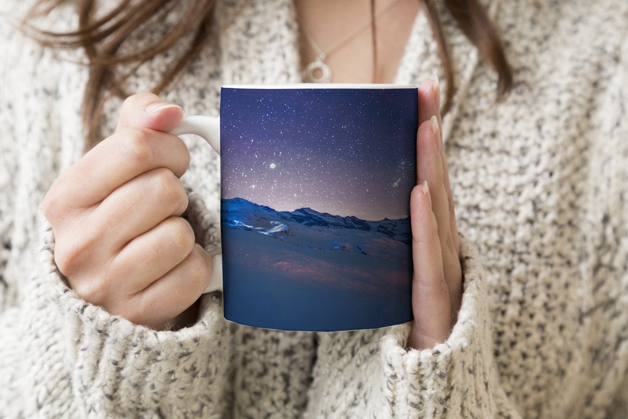 MuchoWow Tasse Alpen Teetasse, Keramik, Becher, Sternenhimmel Geschenk Kaffeetassen, Teetasse, Schnee, - 