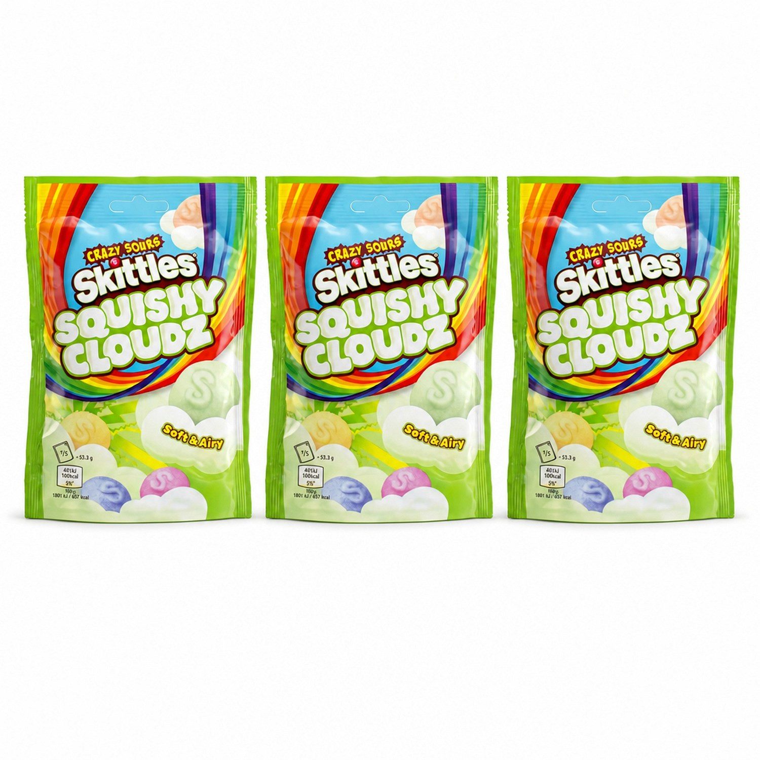 Skittles Süßigkeit, 3 x 94 g, Squishy Clouds Sour – weiche Fruchtgummis