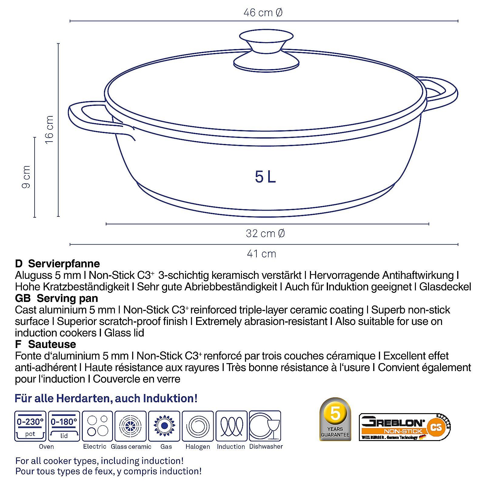 kela Servierpfanne bis backofenfest Aluminium, 180°C, Glasdeckel Allherdboden, feuerfester Kerros