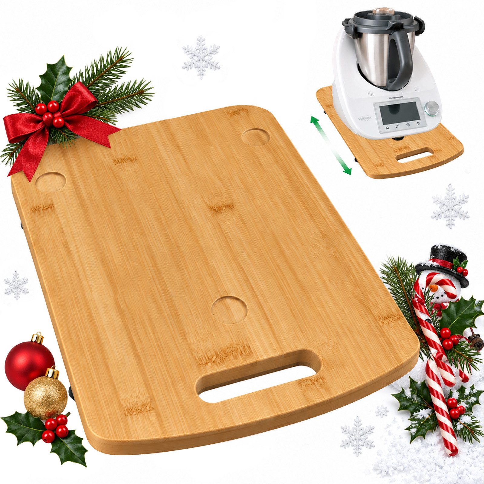 PFCTART Servierbrett Servierbrett, Gleitbrett & Rollbrett für Thermomix, Thermomix Zubehör, massiver Bambus, TPE-Gummifüße, (Set, 1-St., Stabiler Halt, hochwertiges Bambus, für Thermomix TM), Thermomix TM6 Zubehör, einfaches Verschieben, Waage schützen