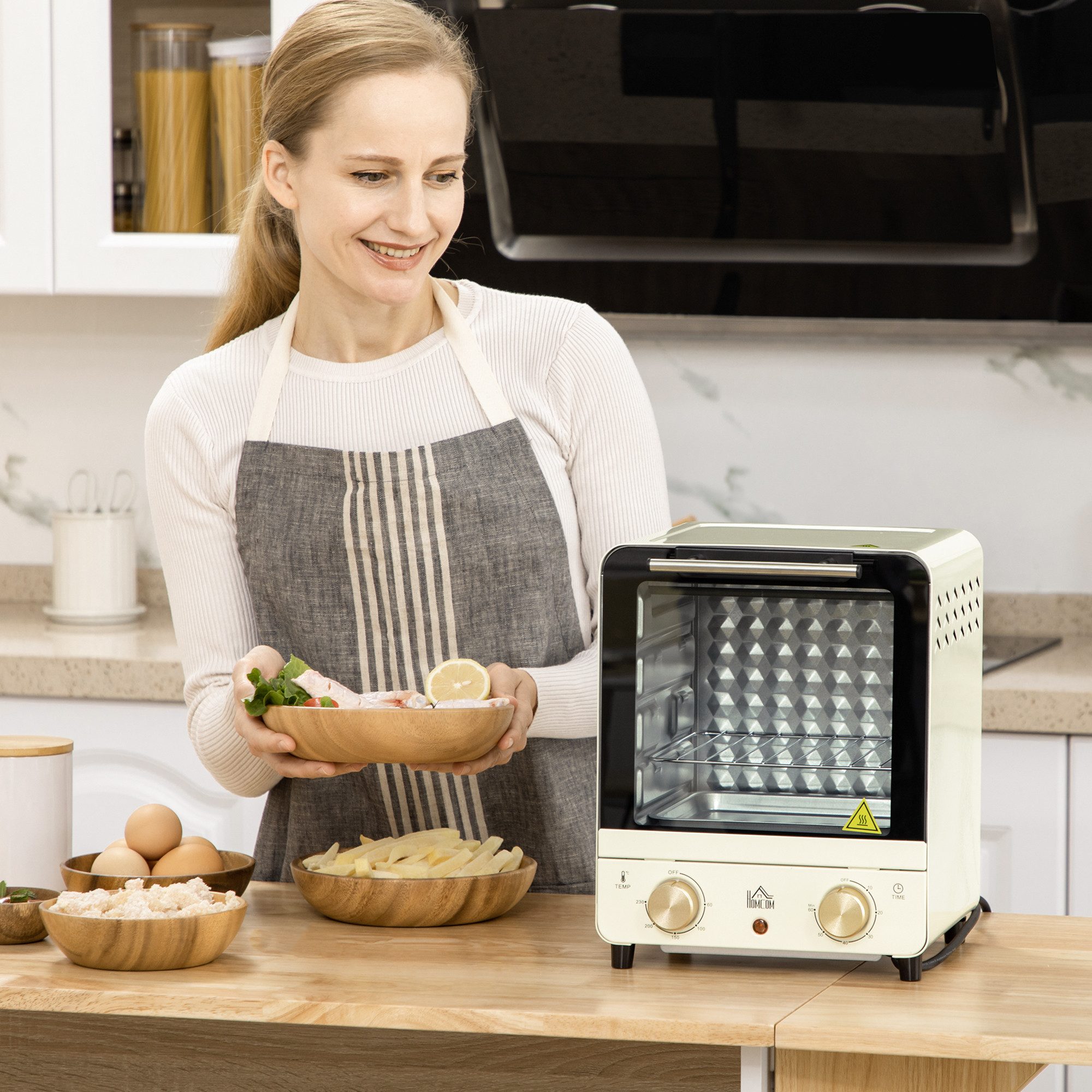 HOMCOM Minibackofen Backofen 10 L 750W 100-230℃ mit Backblech Pizza-Ofen, zum Grillen, Backen, Toasten, Cremeweiß