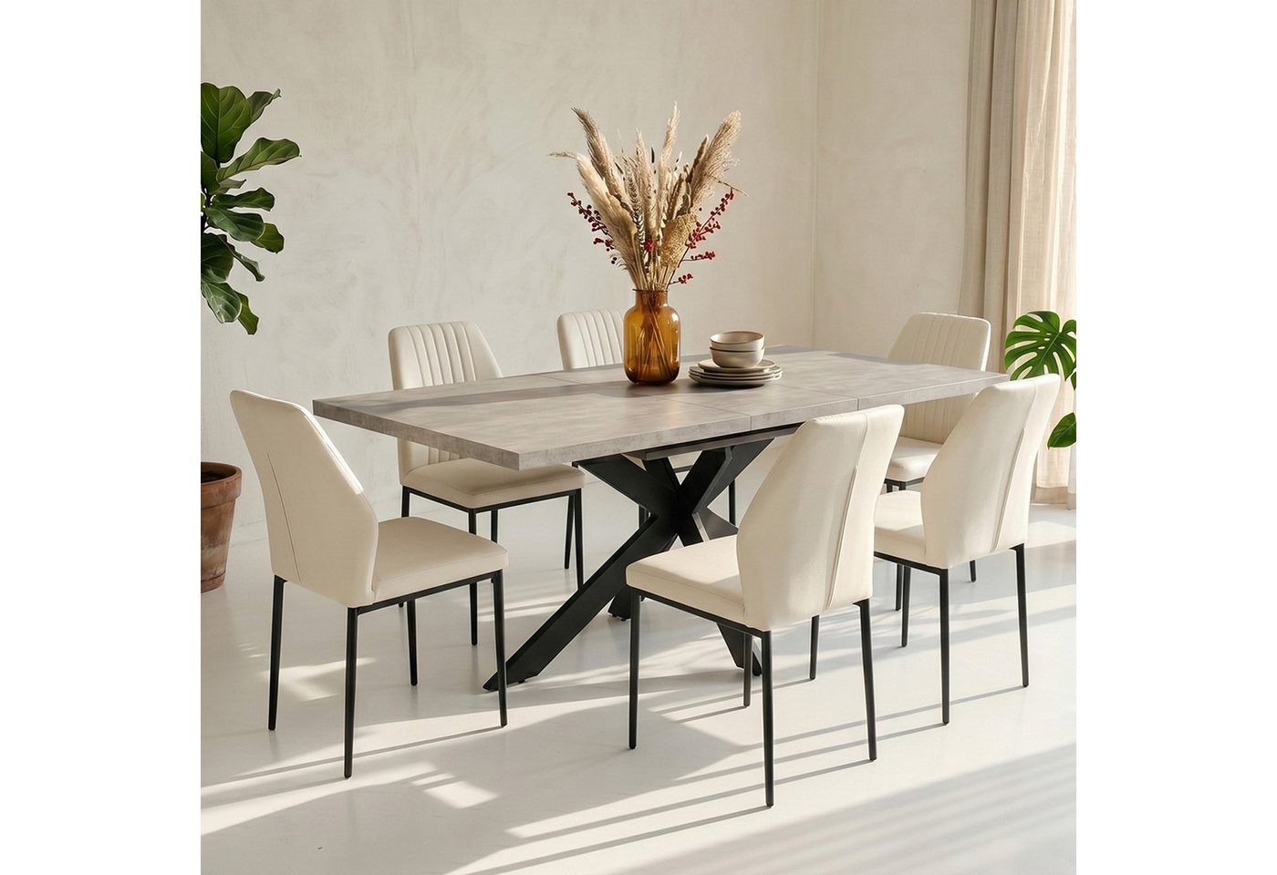 Jiexi Essgruppe Tisch-und Stuhlset, Ausziehbarer Esstisch (160–200 cm) mit 6-8 Stühlen