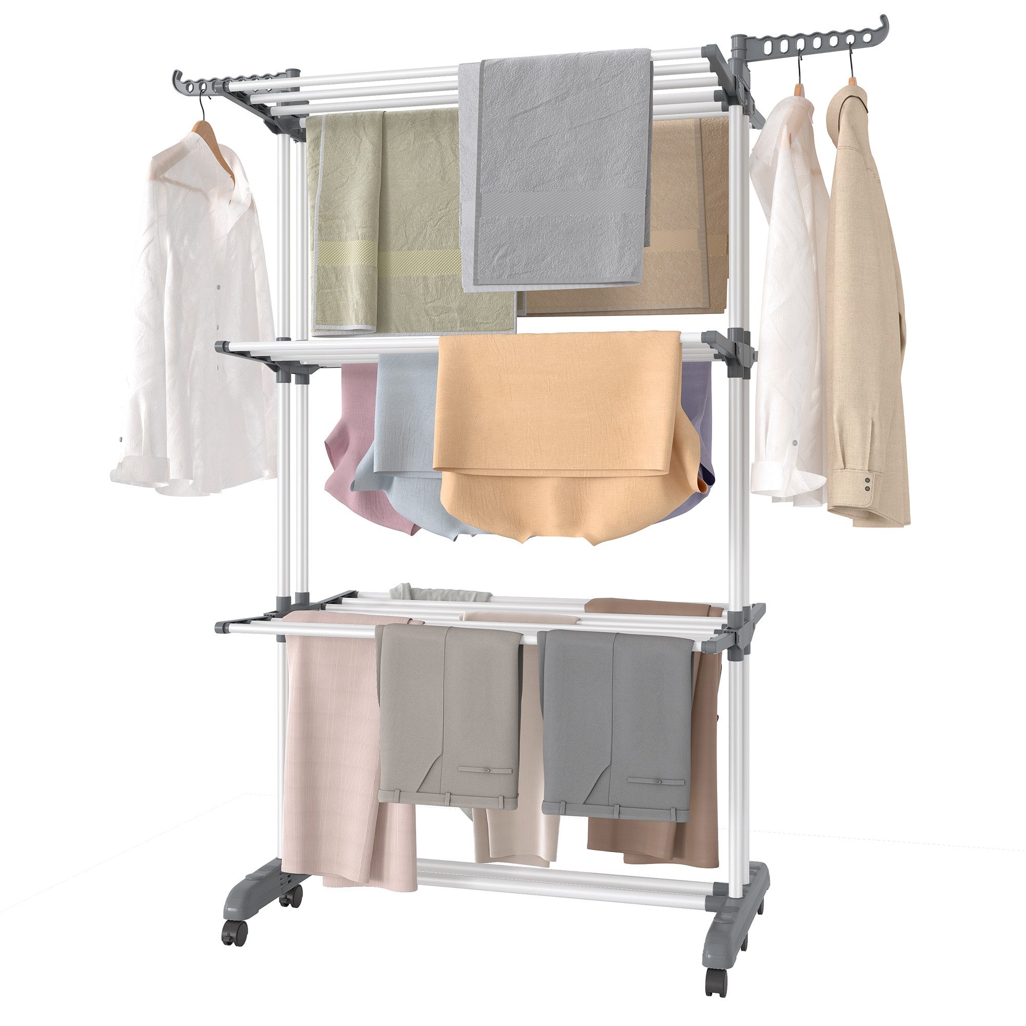 SONGMICS Wäscheständer Turm Standtrockner 4 Ebenen, Flügelwäscheständer, einfacher Aufbau, klappbare Flügel, mit Rollen, 63,5 x 125,5 x 173 cm