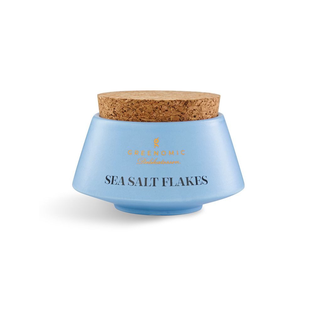Greenomic Gewürzbehälter Keramik Gewürzschale Japanischer Stil mit 45g Meersalz Flocken, mit Korkverschluss