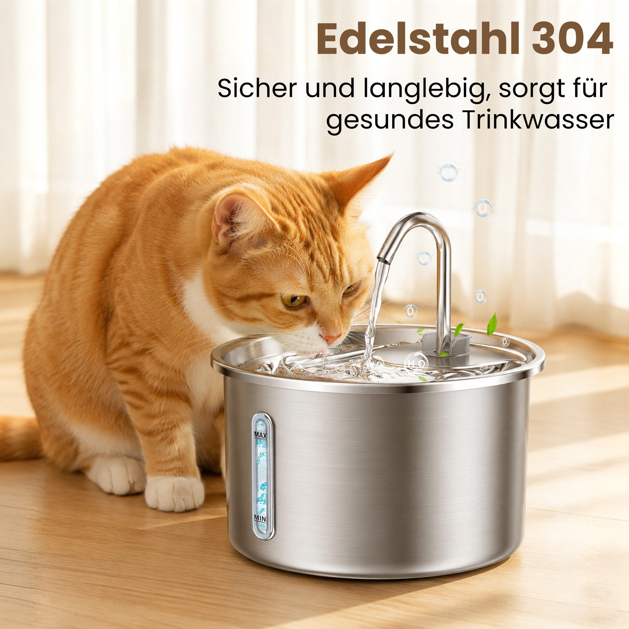 DAITORE Trinkbrunnen Katzenbrunnen Edelstahl 3L mit Filter & leiser Pumpe 3 l, Katzentrinkbrunnen mit LED, Sichtfenster - Wasserstandsanzeige