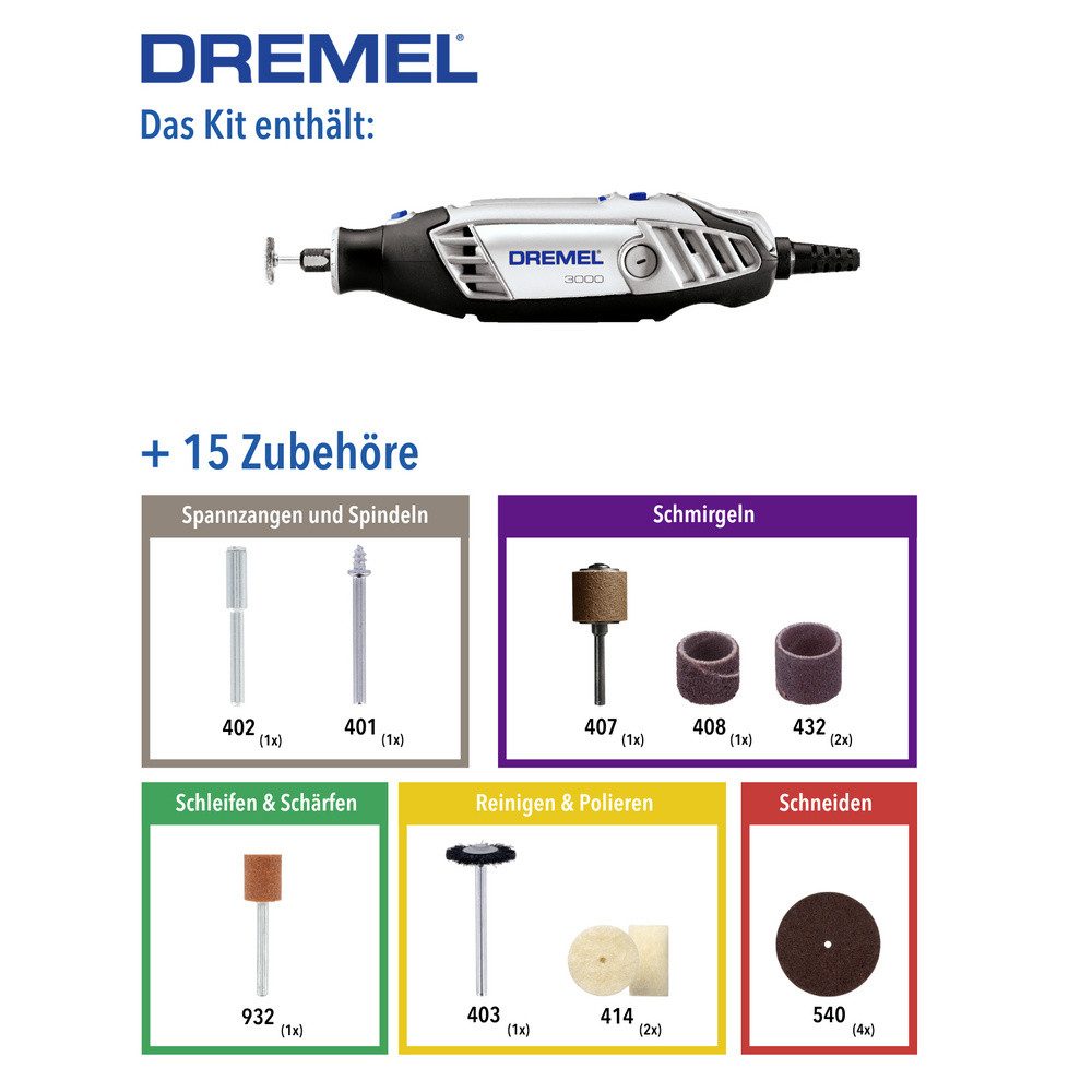 DREMEL Akku-Multifunktionswerkzeug Dremel 3000-15 F0133000JA Multifunktionswerkzeug mit Zubehör, inkl. T