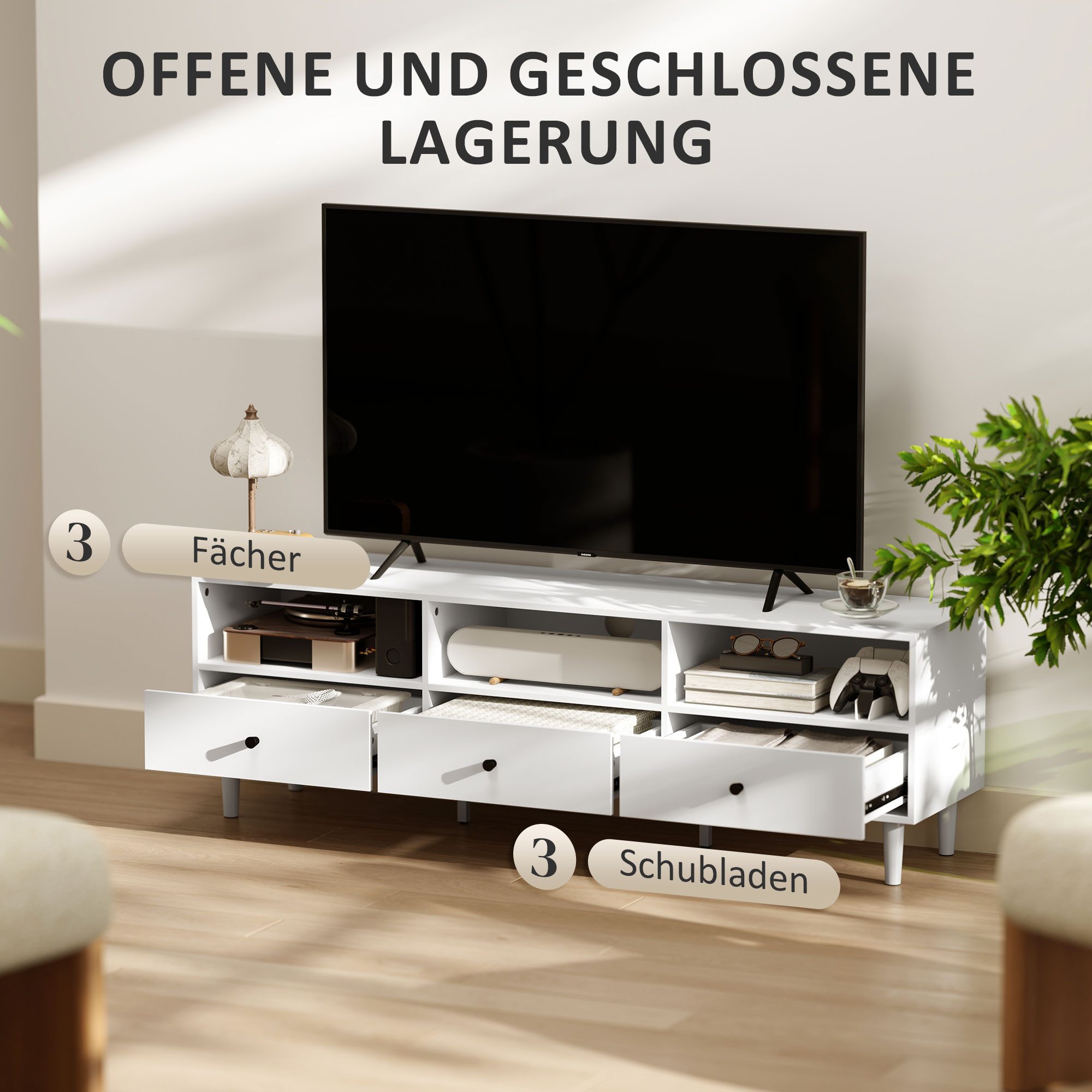 HOMCOM TV-Board TV Schrank mit Schubladen, 3 offenen Fächern (140 cm lang TV Kommode, 1 St., TV Lowboard mit Kabelmanagement), Fernsehtisch für Wohnzimmer Weiß 140 x 34 x 45 cm