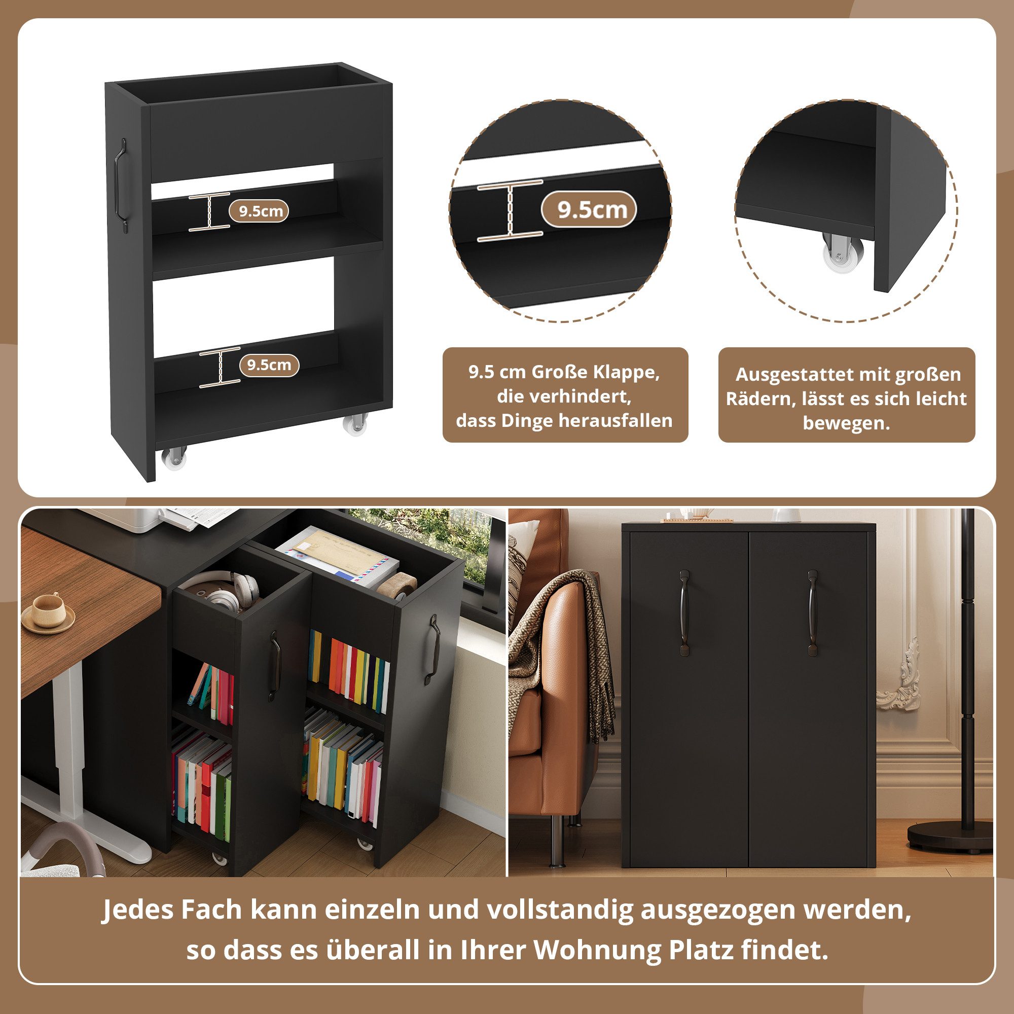 Celya Aktenschrank Aktenschrank auf Rollen 52x50x75 cm, mit Fächern und Schubladen (Sofa-Beistellschrank, Nachttisch, Einzelschrank voll ausziehbar, mit Absturz – Bild 3 von 5
