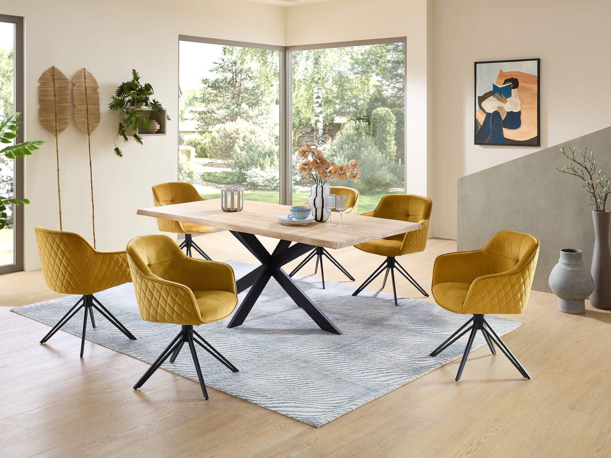moebel-dich-auf Esszimmer-Set TORANO, (Esstisch aus Eiche Massivholz mit Baumkante 200 cm breit, 1 Tisch, 4 oder 6 Stühle), Sitzgruppe mit Samtbezug und Diamantsteppung