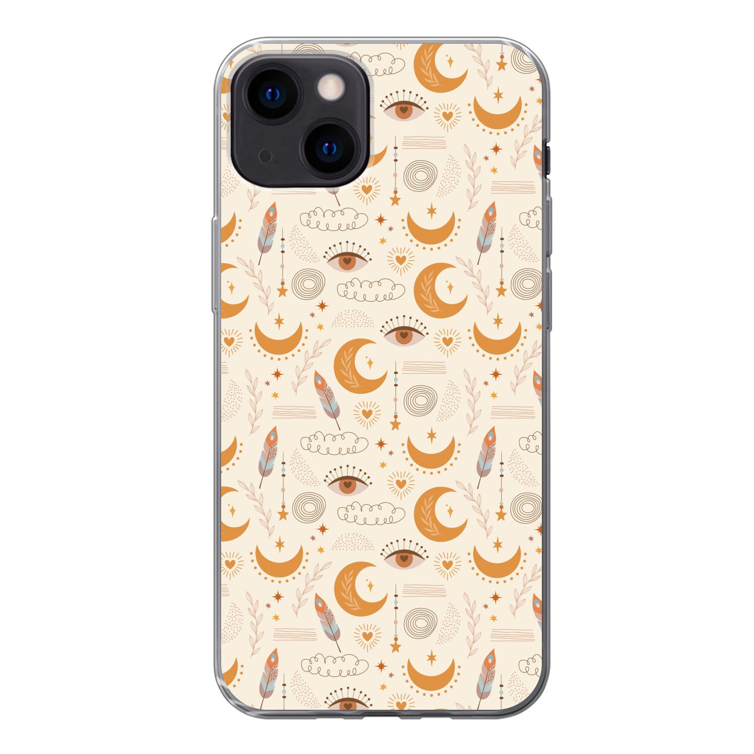 MuchoWow Handyhülle für Apple iPhone 13 Boho - Druck - Augen - Mond - Federn - Beige, Smartphone-Bumper, Print, Handy Schutzhülle Dünn